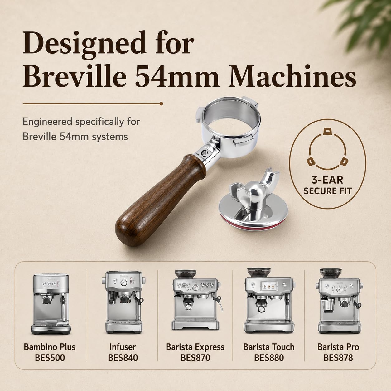 Chengtech Espresso Accessories, 54mm Bottomless Portafilter with Detachable Double Spout, 18g Convex Filter Basket, 3-Ear Design, Walnut Wood Handle, Compatible with Breville 54mm Espresso Machines