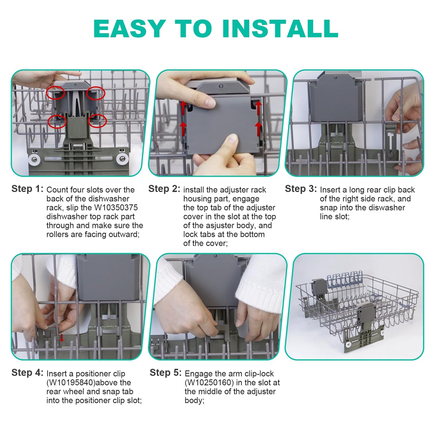 Upgraded W10350375 Dishwasher Top Rack Adjuster Parts & W10588164 W10588165 Dishwasher Rack Adjuster Housing for Whirlpool WDT730PAHZ0, WDT750SAHZ0, Fit Kenmore Kitchenaid Dishwasher Parts Upper Rack