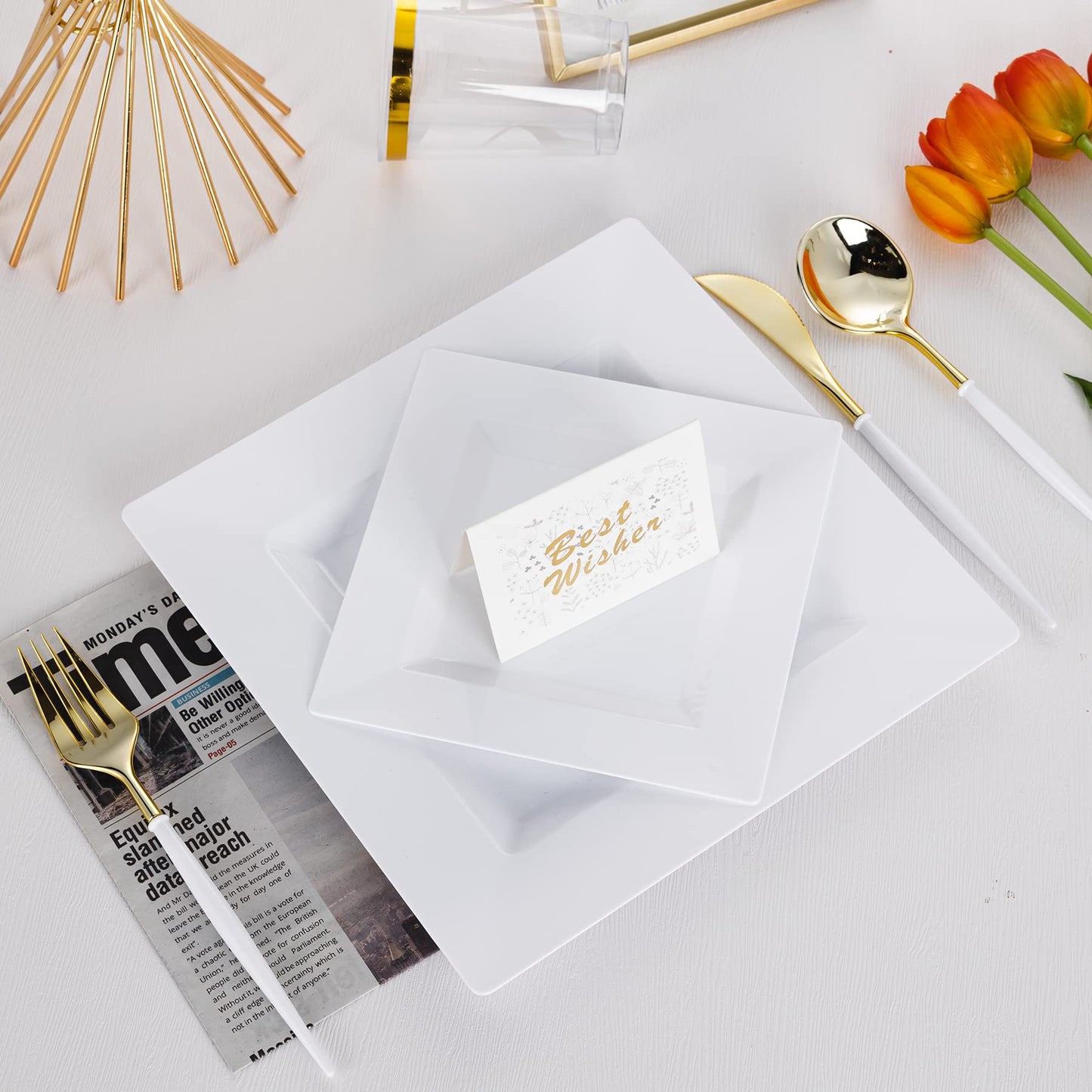 NZVCN 100 Pack White Plastic Square Dessert Plates, 6.5" Disposable Salad Plates Heavy Duty Plates for Party, Wedding, Christmas, Easter