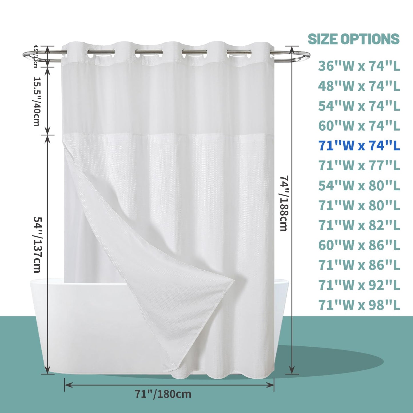 eachope White No Hook Waffle Weave Shower Curtain with snap-in Liner Replacement, 230GSM Waterproof Fabric Hotel Shower Curtain Set for Bathroom, Through Mesh Top Window,71Wx74H