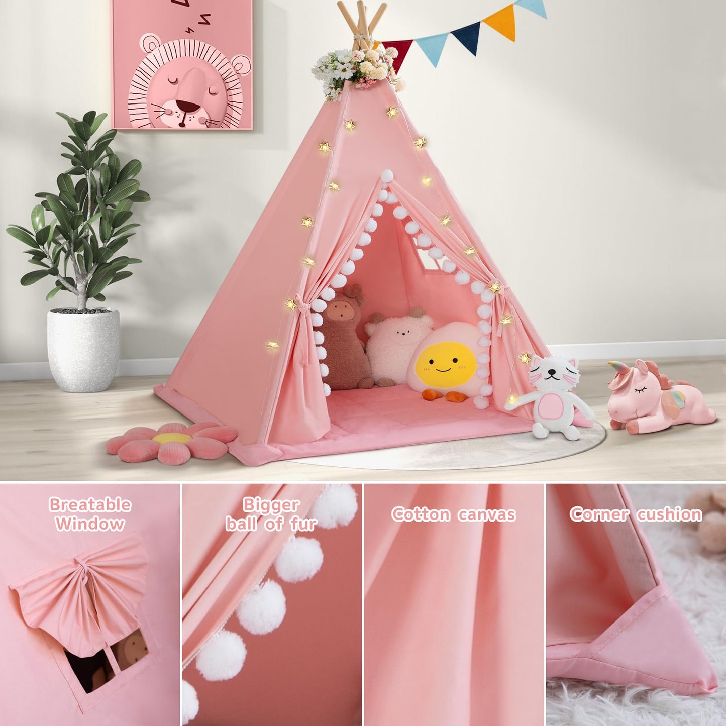 WIRHAO Teepee Tent for Kids with Padded Mat Cotton Canvas Kids Tent with Pompom for Toddlers Indoor Play Tent for Girls Boys with Stars Lights, Carry Bag, Banner Flag (Pink)