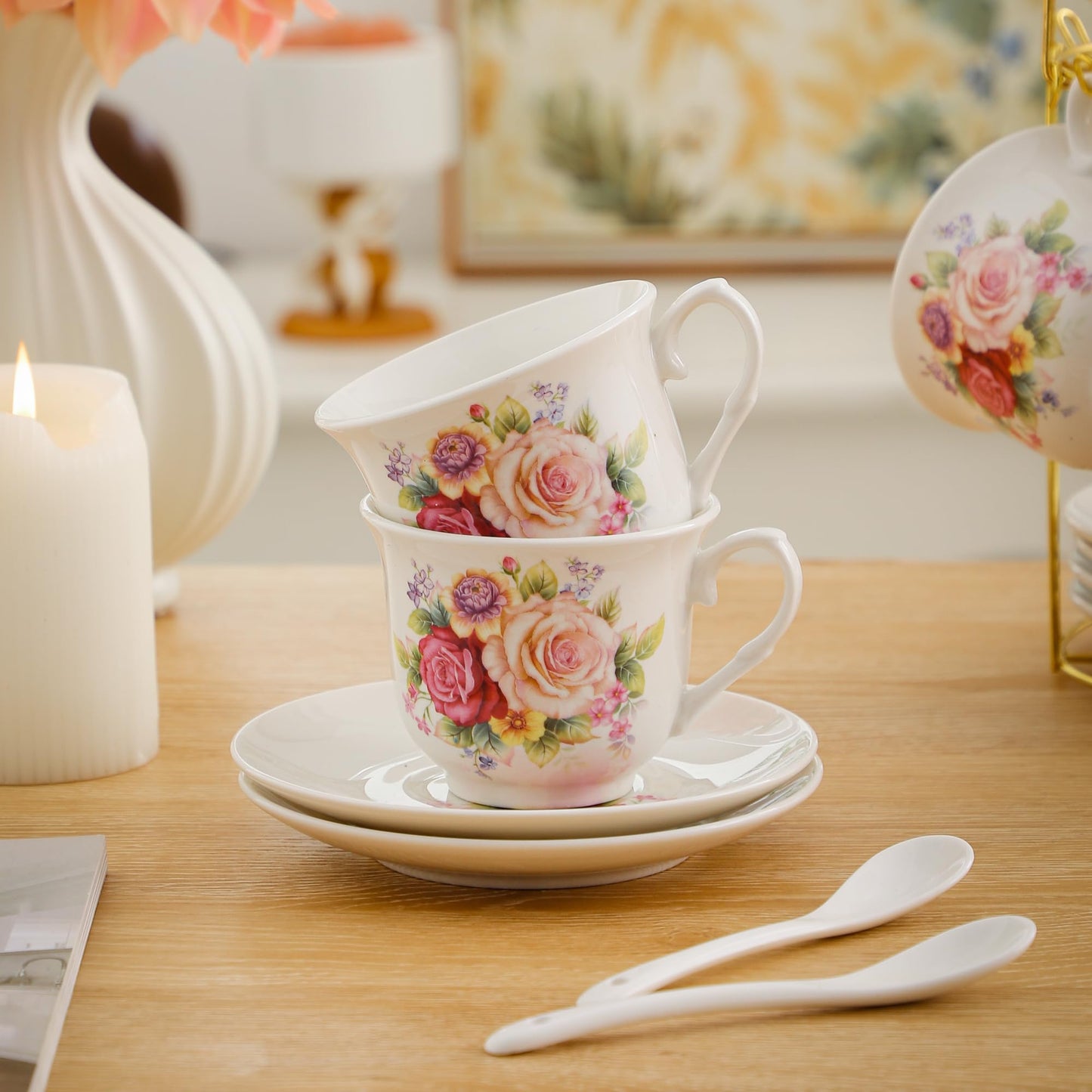 20-Pieces Porcelain Bone china Tea Sets,Gold Rim Coffee Set with Golden Metal Rack,Tea Gift Sets for Home&Party (008)