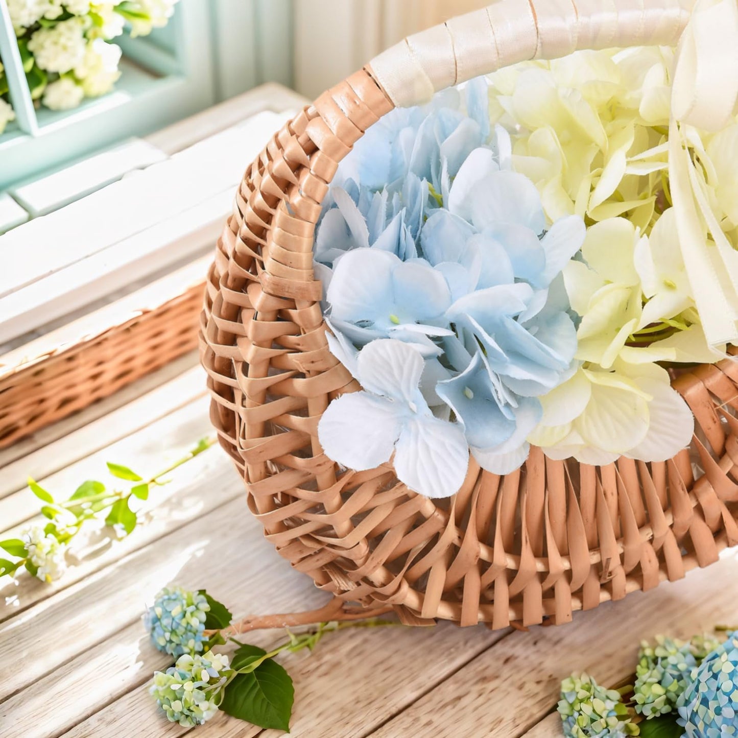 2 PCS Wicker Rattan Flower Baskets Small Half Moon Wicker Basket with Handle and Ribbons Wedding Flower Girl Straw Basket Willow Woven Storage for Wedding Party Decor(Brown) (2)