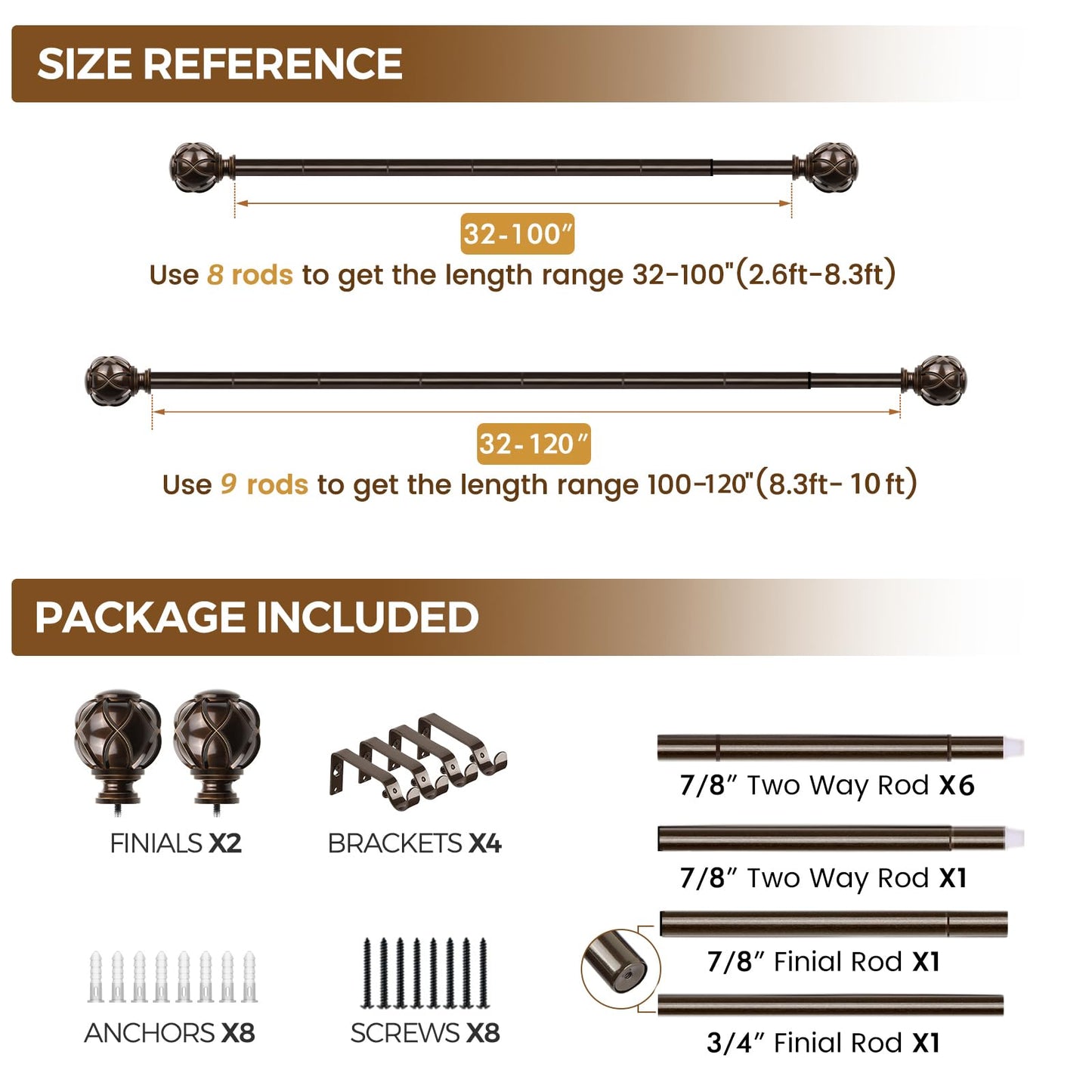 KAMANINA Curtain Rods for Windows 66 to 120 Inch, 7/8 Inch Antique Bronze Heavy Duty Curtain Rod 32 to 120 (2.6-10ft), Adjustable Decorative Drapery Rods with Netted Texture End