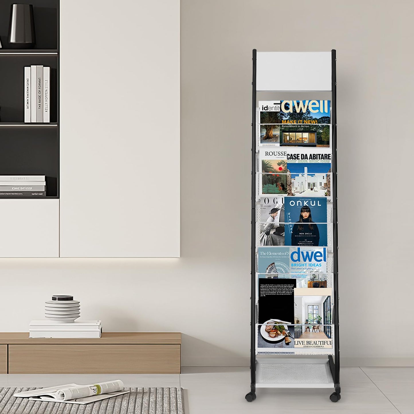 XIDIHF Floor Standing Magazine Holder with 5 Pockets, Journals, Brochure & Literature Display Holder for Trade Shows, Exhibitions, Office, and Shopping Malls, Black