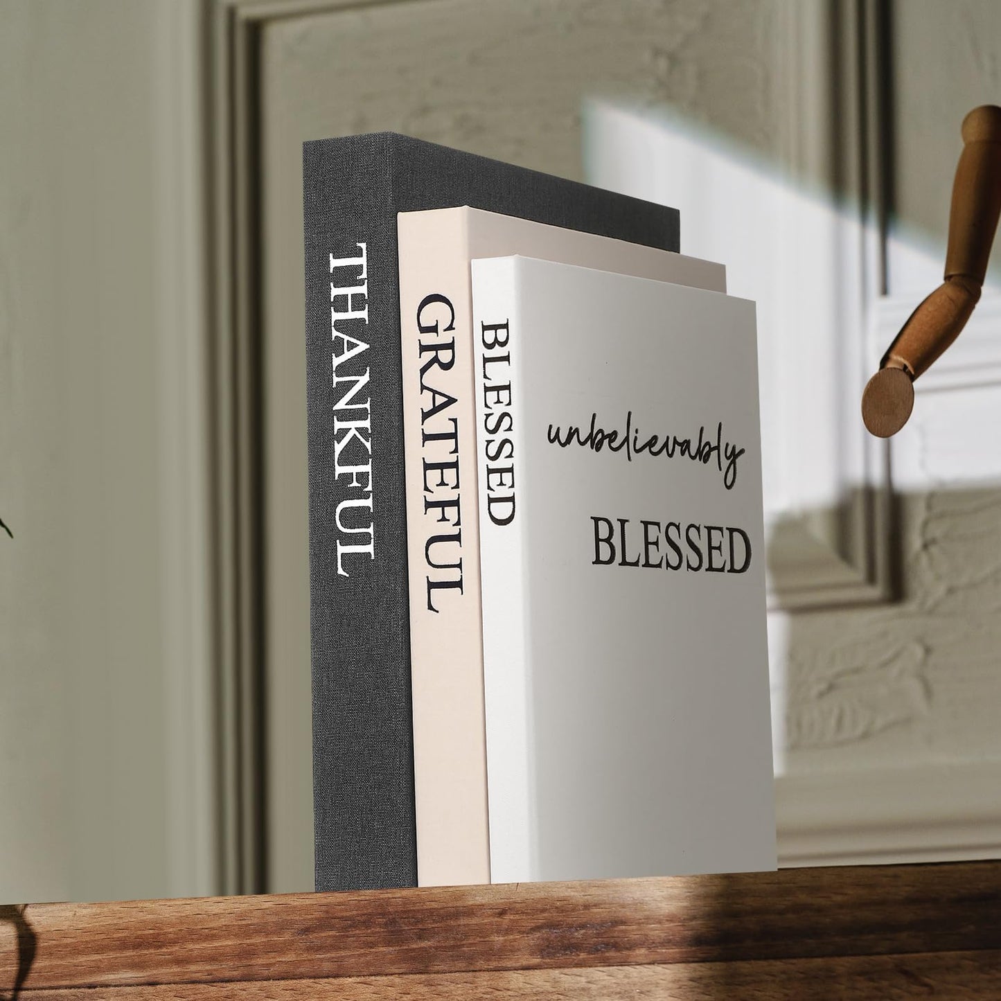 Weysat Set of 3 Thankful Grateful Blessed Decorative Books for Home Decor Linen Faux Books Stacked Neutral Modern Aesthetic Fake Storage Boxes for Coffee Table, Bookshelf or Mantle Display