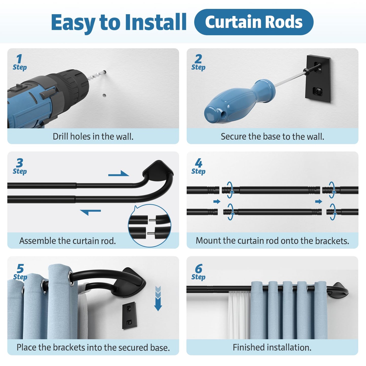 PeSenp 2 Pack Black Double Curtain Rod 38 to 62 Inches, Blackout Wrap Around Curtain Rod for Windows, 6/8 Inch Room Darkening Telescoping Double Drapery Rod, Easy Install for Rentals & Apartments