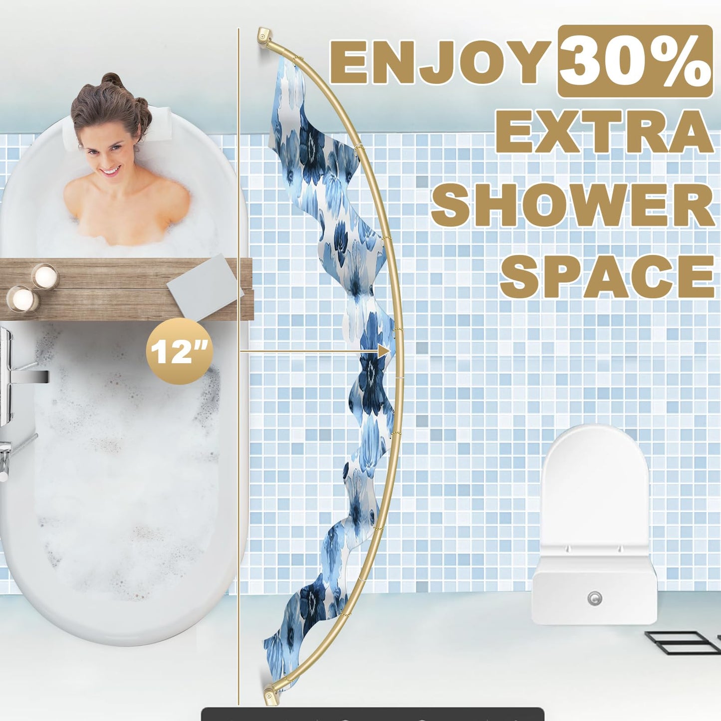 YNL Curved Shower Curtain Rod 35-82In(2.9-6.8Ft), Gold Round Rustproof Shower Rod for Bathroom Bathtub, Adjustable Arched Shower Curtain Rod, Never Rust|Extra Space|Non-Slip|Expandable|Need to Drill.
