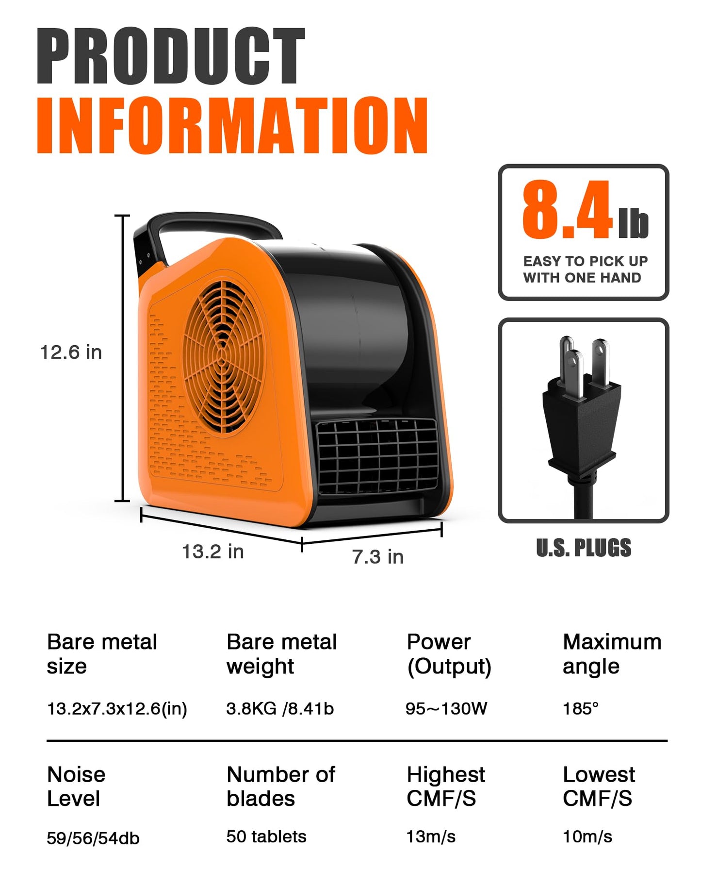 Blower Fan for Drying Cooling and Ventilating, Air Mover for Home Garage Workshop and Job Site Use, Air Mover Blower Fan with 185° Rotation, 3 Speeds, 2 AC Outlets, Orange