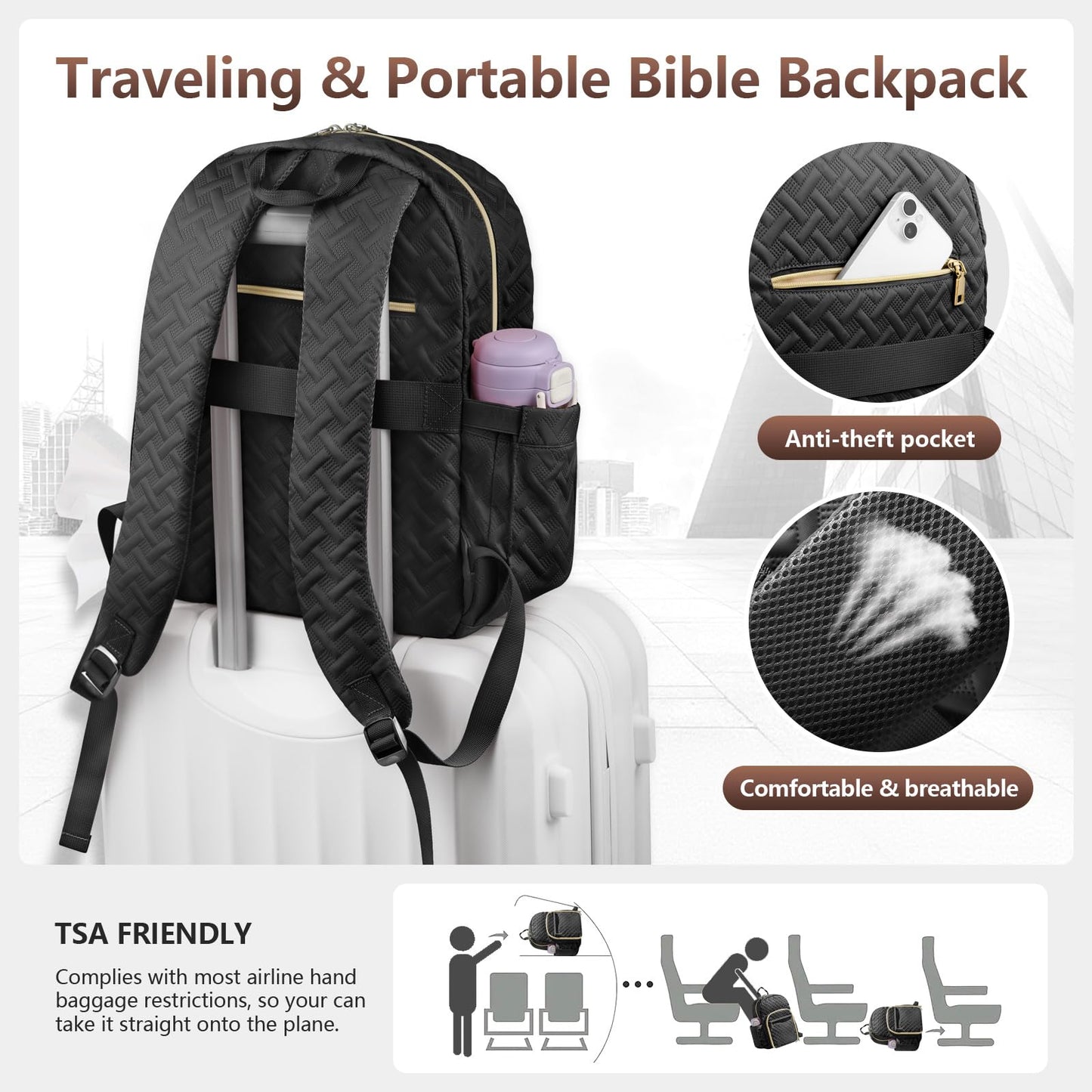 FOREGOER Bible Bags for Women, Bible Cover Case, Large Bible Backpack,Bible Accessories,Christian Gift (Black)