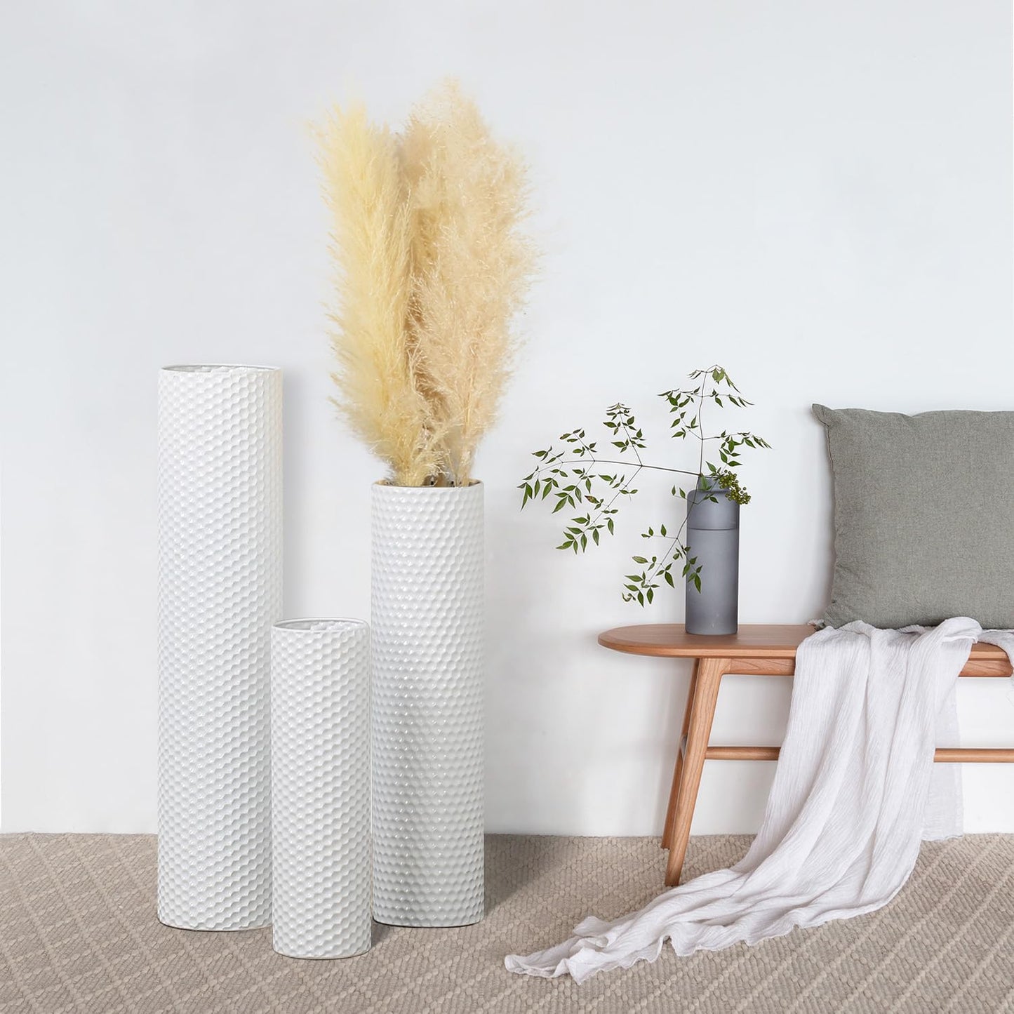 Dnnnii Tall Floor Vases Set of 3 - White Metal Cylinder Vases for Living Room Corner, Modern Honeycomb Texture, Extra Large Standing Decor (Tallest 27.6in, Home Bedroom Dining Decor)