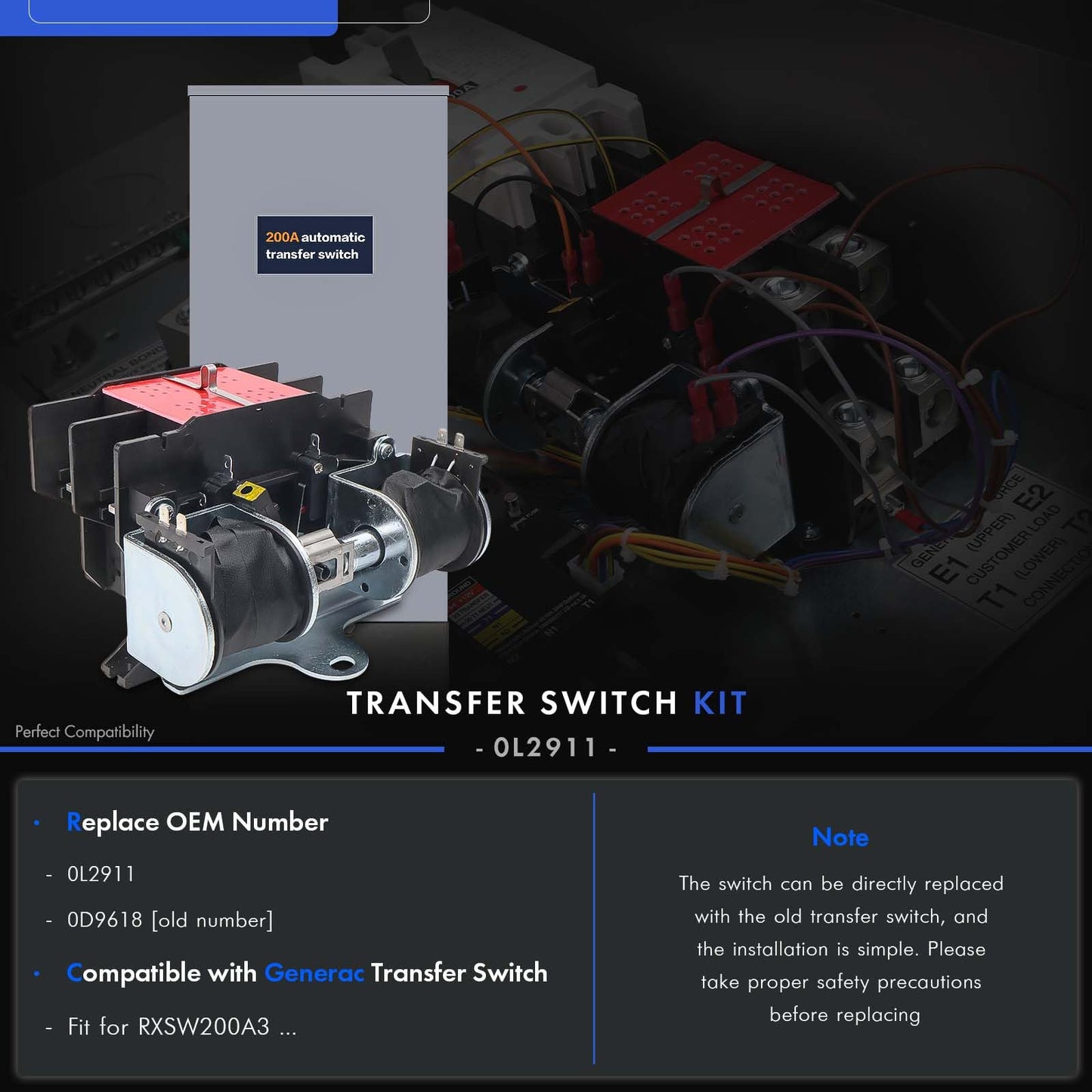 0L2911 Transfer Switch 200A with Handle Fit for Generac 200 Amp 2P 250V Generator Automatic Transfer Switch Assembly Replaces# 0D9618, OL2911
