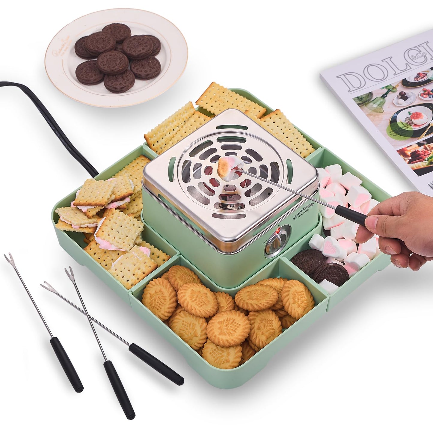 Electric Smores Maker - Indoor Smores Kit with 4 Detachable Trays, 4 Stainless Steel Forks - Flameless Smores Maker Tabletop Indoor Kit (Green)