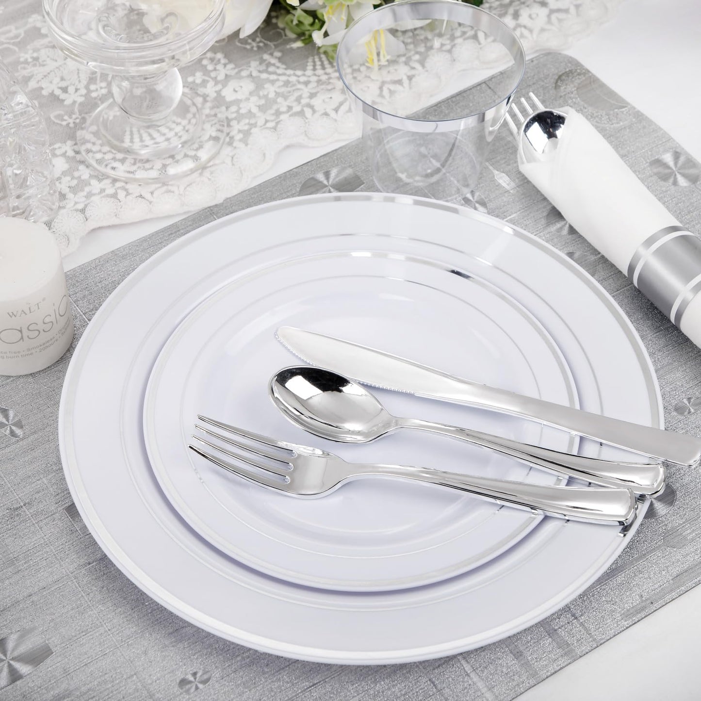 WELLIFE 210 Piece Silver Plastic Dinnerware Set for 30 Guests, Include: 30 Dinner Plates, 30 Dessert Plates, 30 Pre Rolled Napkins with Silverware and 30 Silver Cups