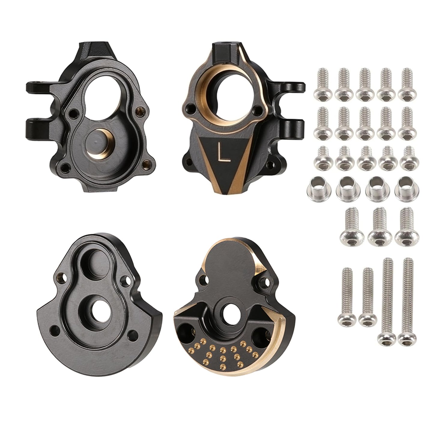 1/18 RC Redcat Ascent-18 Brass Upgrade Kit –Brass Skid Plate, Steering Knuckle, Outer Portal Housing, Diff Cover, Servo Mount, Brass Chassis Links, Steering Link, and Stainless Steel Drive Shafts