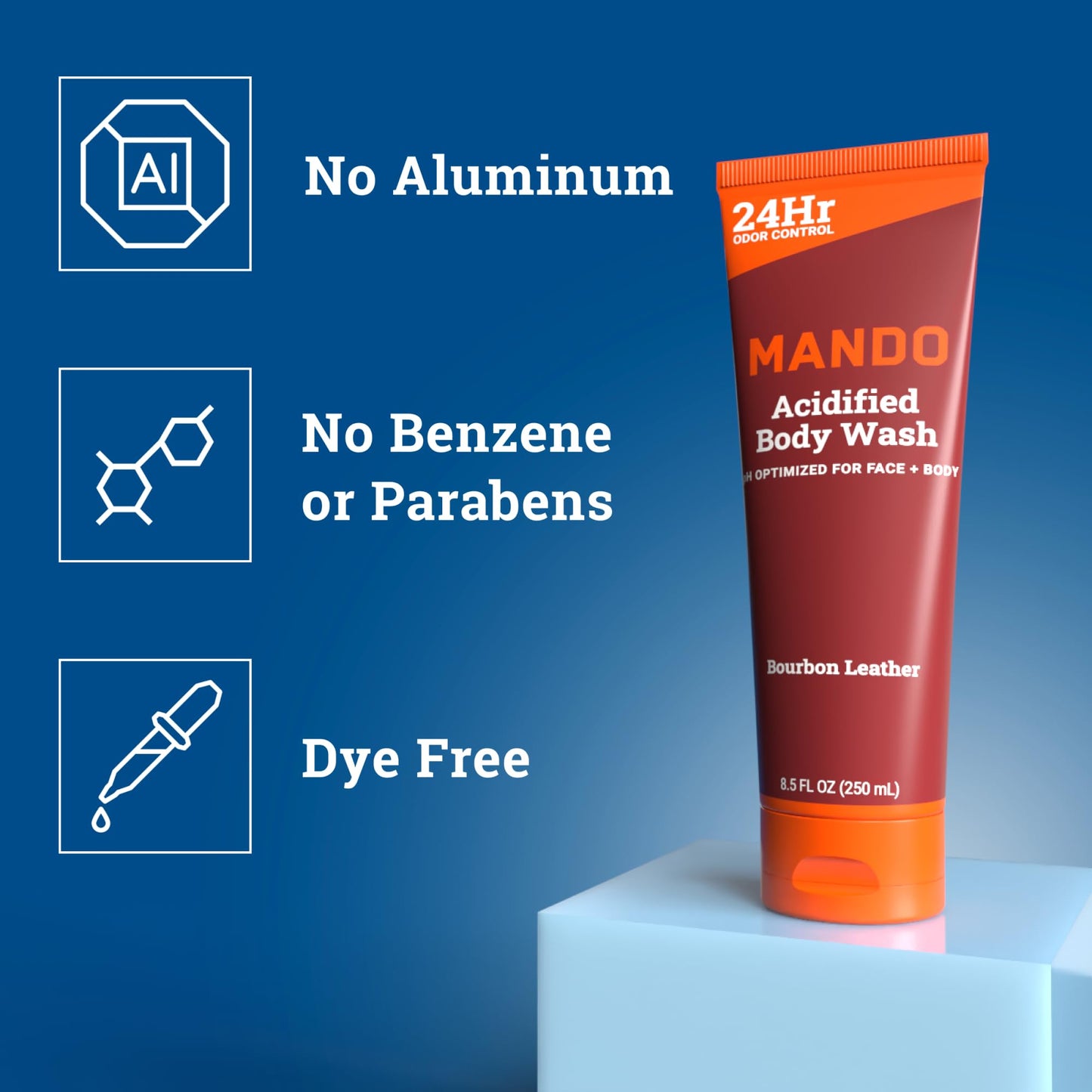 Mando Odor Shield Body Wash - 24 Hour Control - Removes Odor Better than Soap - SLS Free, Paraben Free, Skin Safe - 8.5 Ounce (Pack of 2) (Bourbon Leather)