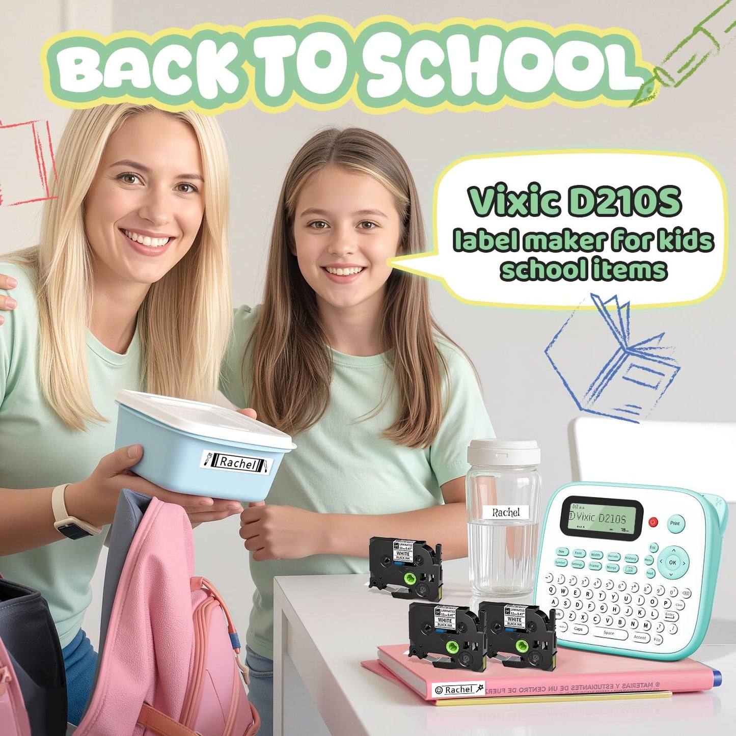 Vixic Label Maker, D210S Label Maker Machine with 4 Laminated Tapes, 12mm Labeler Labelmaker with Waterproof-Labels & QWERTY Keyboard, Print Different Fonts Frame for Home Office Kids School Items