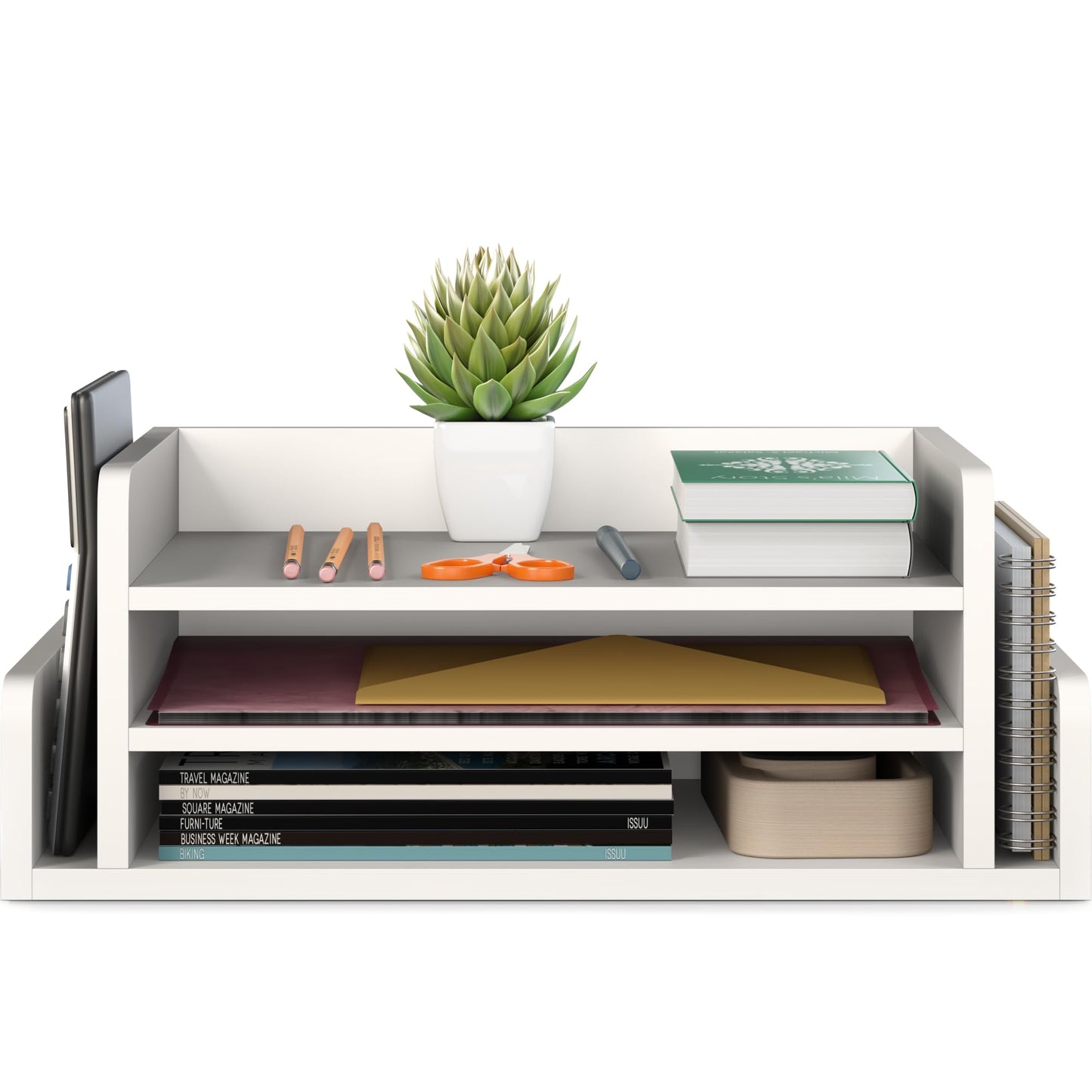Ballucci 3-Tier Desk Organizer with 2 Side Mail Sorter Slots, Wood Letter Tray, Open Top Paper Organizer, Desktop File Organizer, White