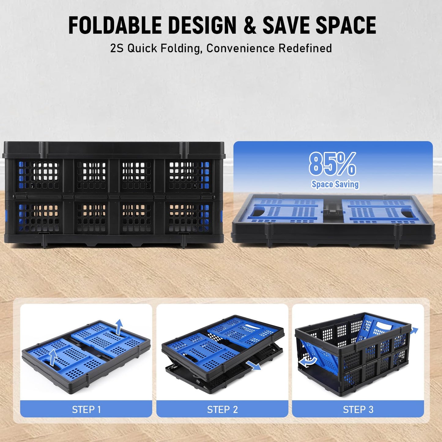 Garvee Heavy Duty Milk Crate Collapsible - 55L Foldable Storage Crate with Handles, Stackable Plastic Crates for Groceries, Moving, Camping & Car Storage (Blue)
