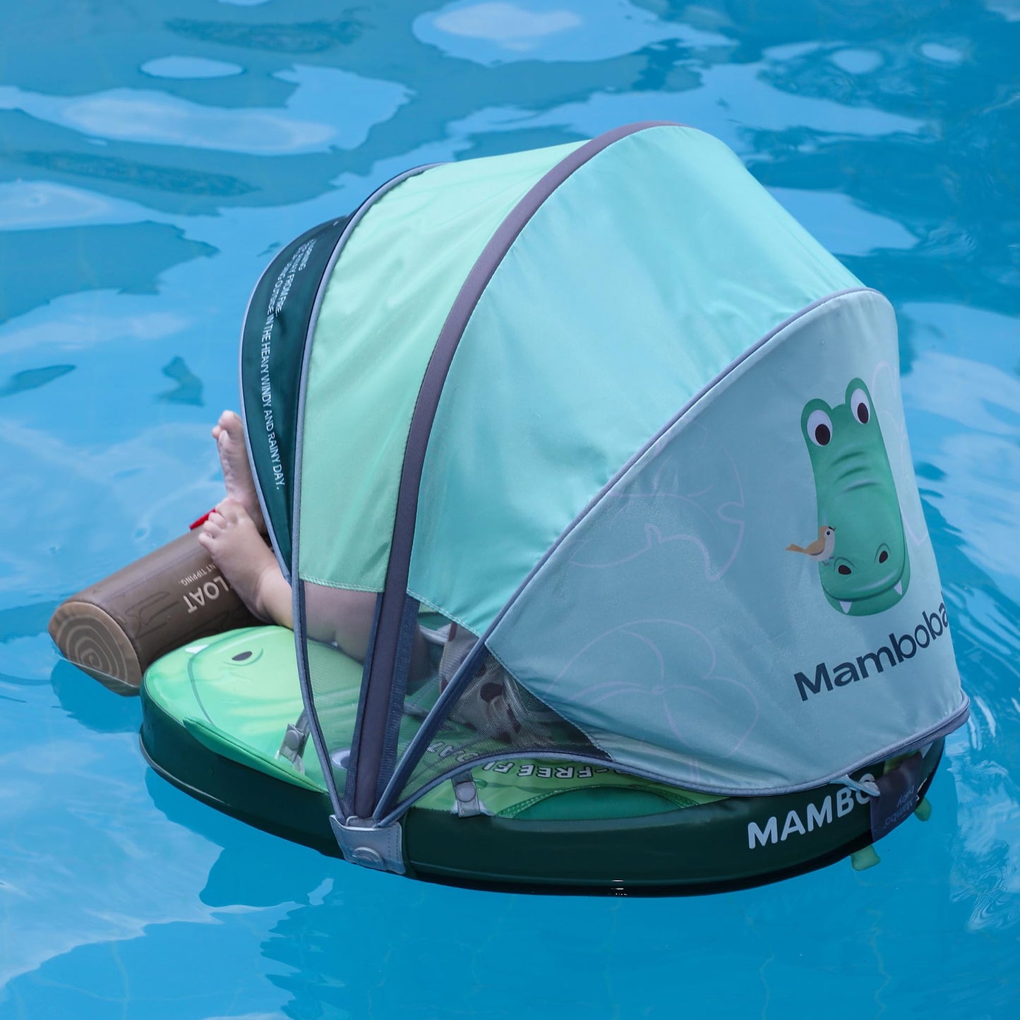 Mambobaby Float Upgrade Add Tail Baby Float with Canopy for Infant Waist Swimming Ring Swim Trainer Non-Inflatable Floats Toys with Adjustable Safety Strap (Green - Crocodiles)