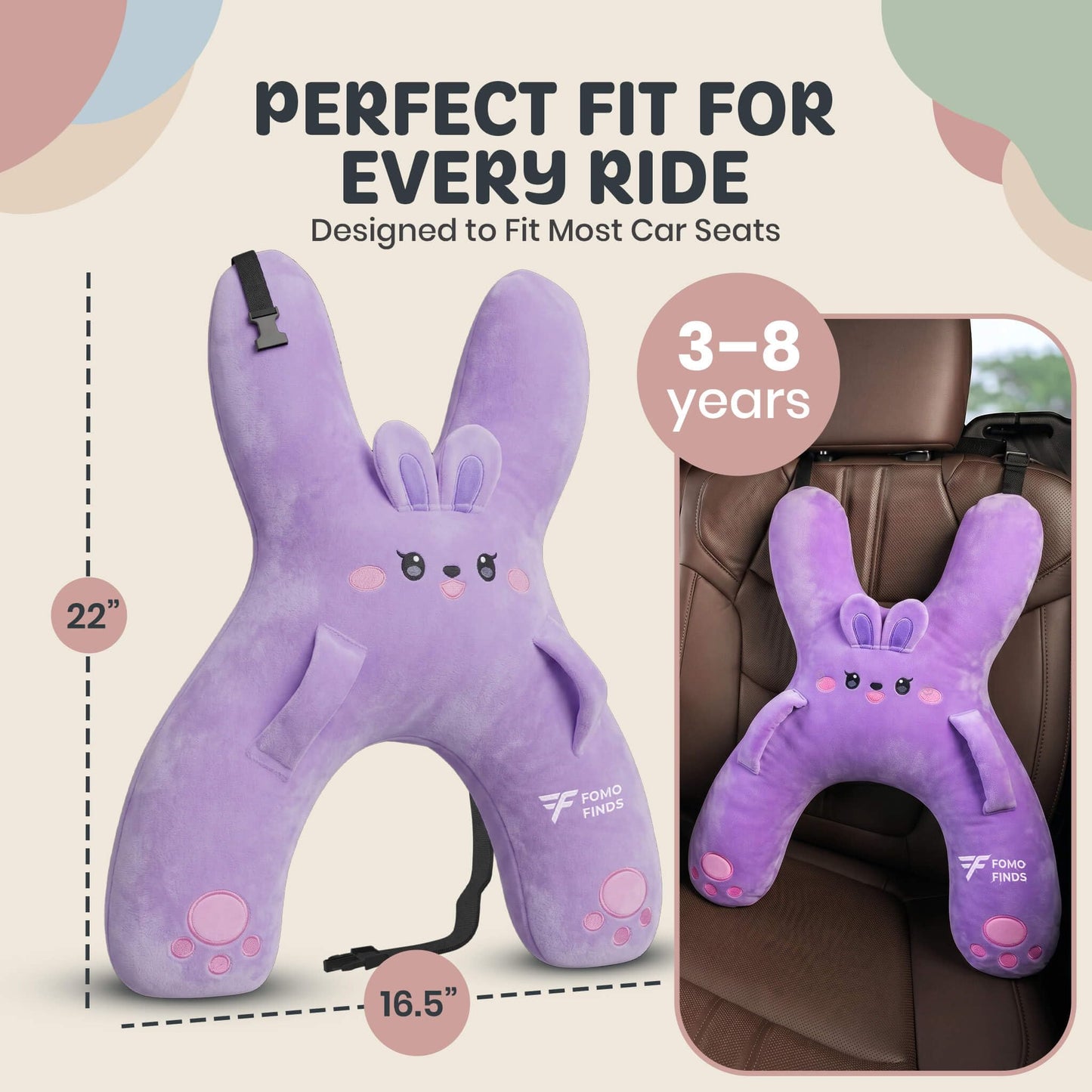 FOMO Finds Kids Car Sleeping Pillow - X-Shaped Plush Animal for Neck & Back Support - Hands & Seat Belt Slot - Machine Washable & Compressible - Perfect for Car, Plane, Train, Boat & More - Purple