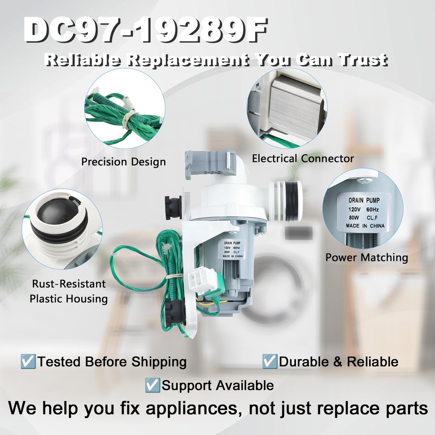 Hyaminu Upgraded DC97-19289F Washer Drain Pump for Samsung, Replaces DC97-19289A PX3516-01, Fixes Washer Not Draining, OE 5E ND Error, Water Stuck in Tub, Noisy Pump