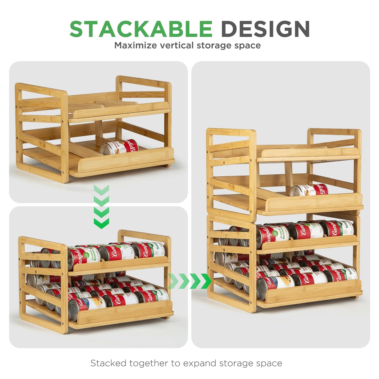 Aclema Bamboo Rolling Can Organizer for Pantry, Stackable 2 Tier Canned Food Organizer Rack for Storage, Kitchen Cabinet, Can Holders Dispensers for Pantry Up To 27 Cans