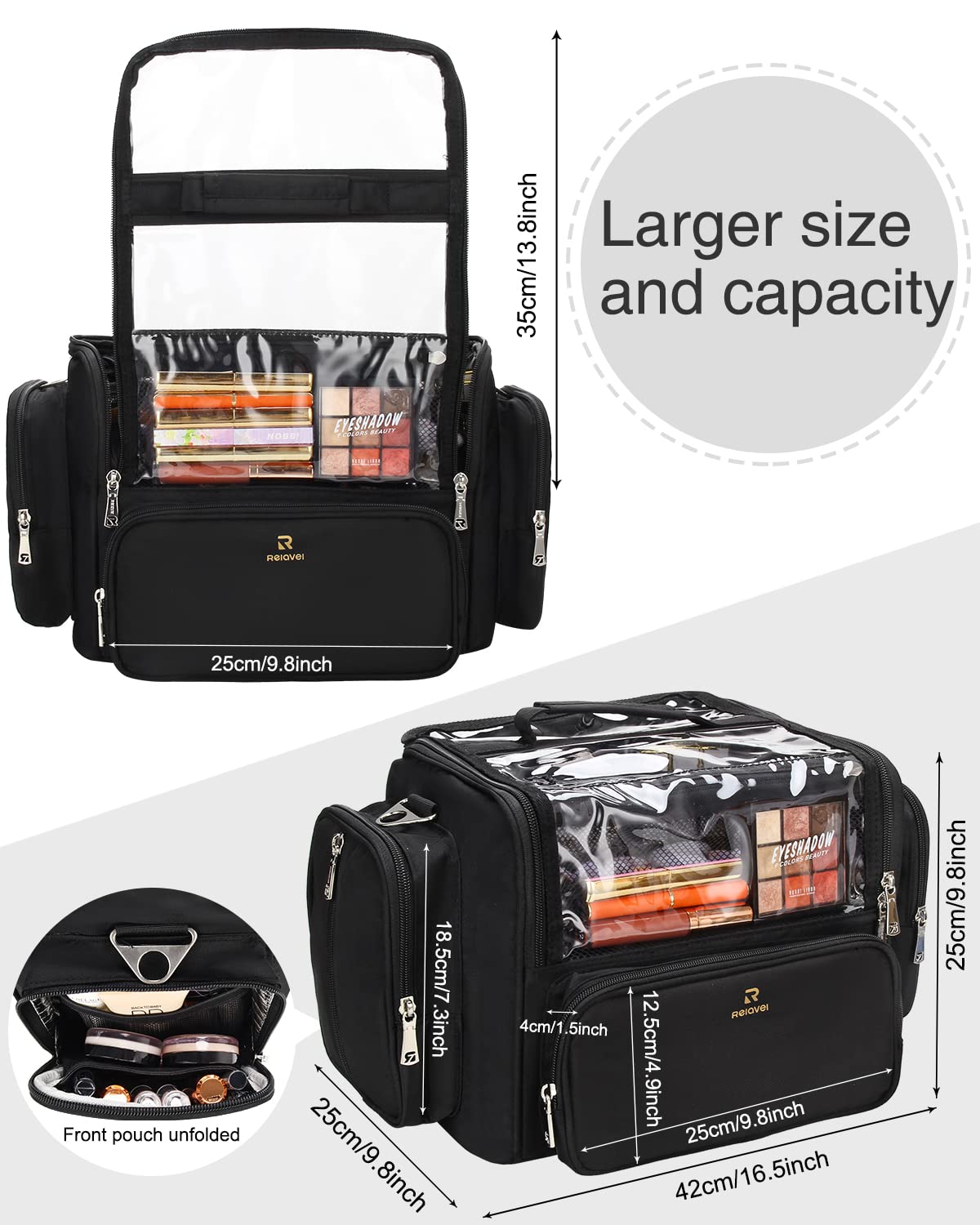 Makeup Brush Bag, Clear Makeup Brush Holder with Lid, Extra Large Capacity Travel Cosmetic Bag Makeup Artist Must Haves, Black Makeup Case, Make Up Organizers and Storage, with Adjustable Dividers