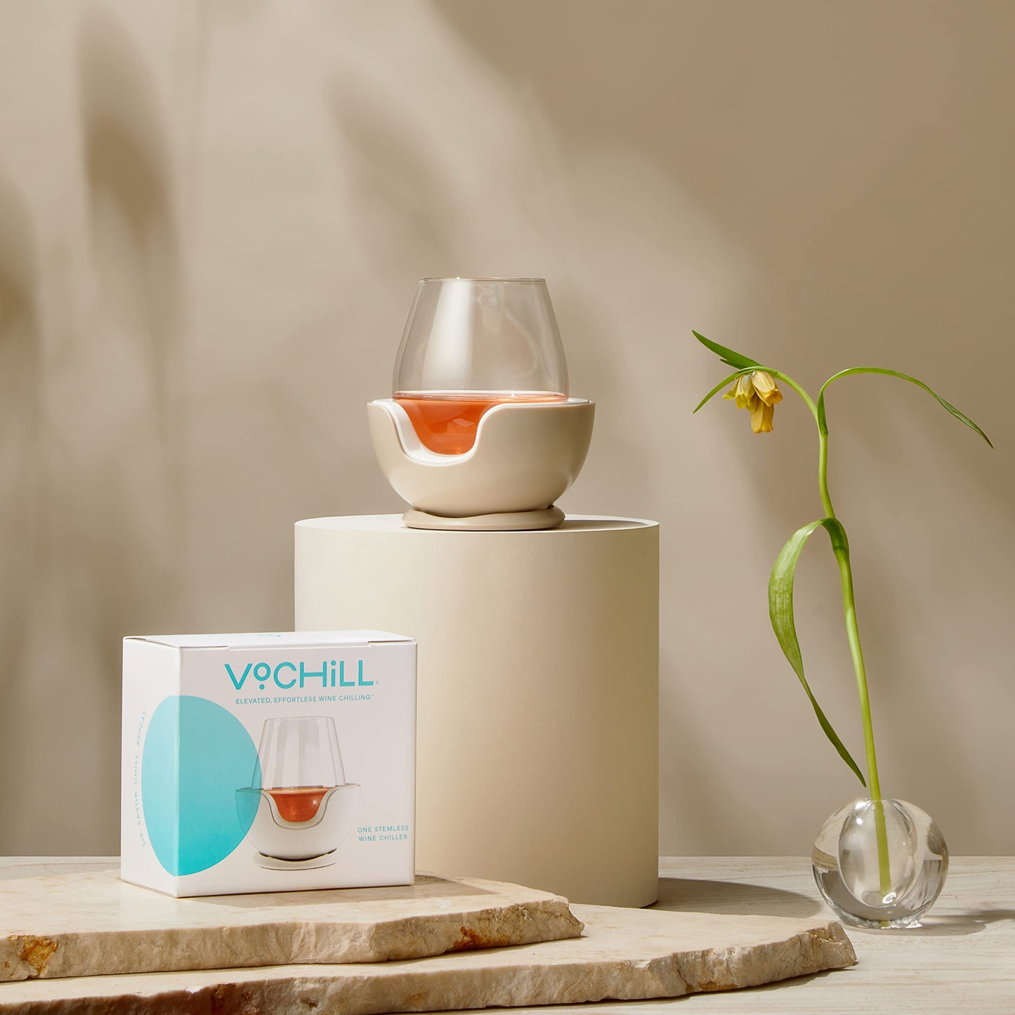 VoChill Stemless Wine Glass Chiller | Keep the Chill In Your Glass | Made In USA | The Original | Refreezable Chill Cradle™ | Actively Chills Stemless Glassware | Blush, Single Stemless
