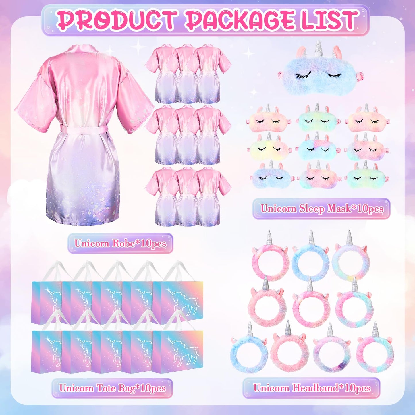 Maiteenly 10 Sets Unicorn Spa Party Supplies for Girls Include Spa Satin Robe Headband Eye Mask Handbag Spa Sleepover Party Favors