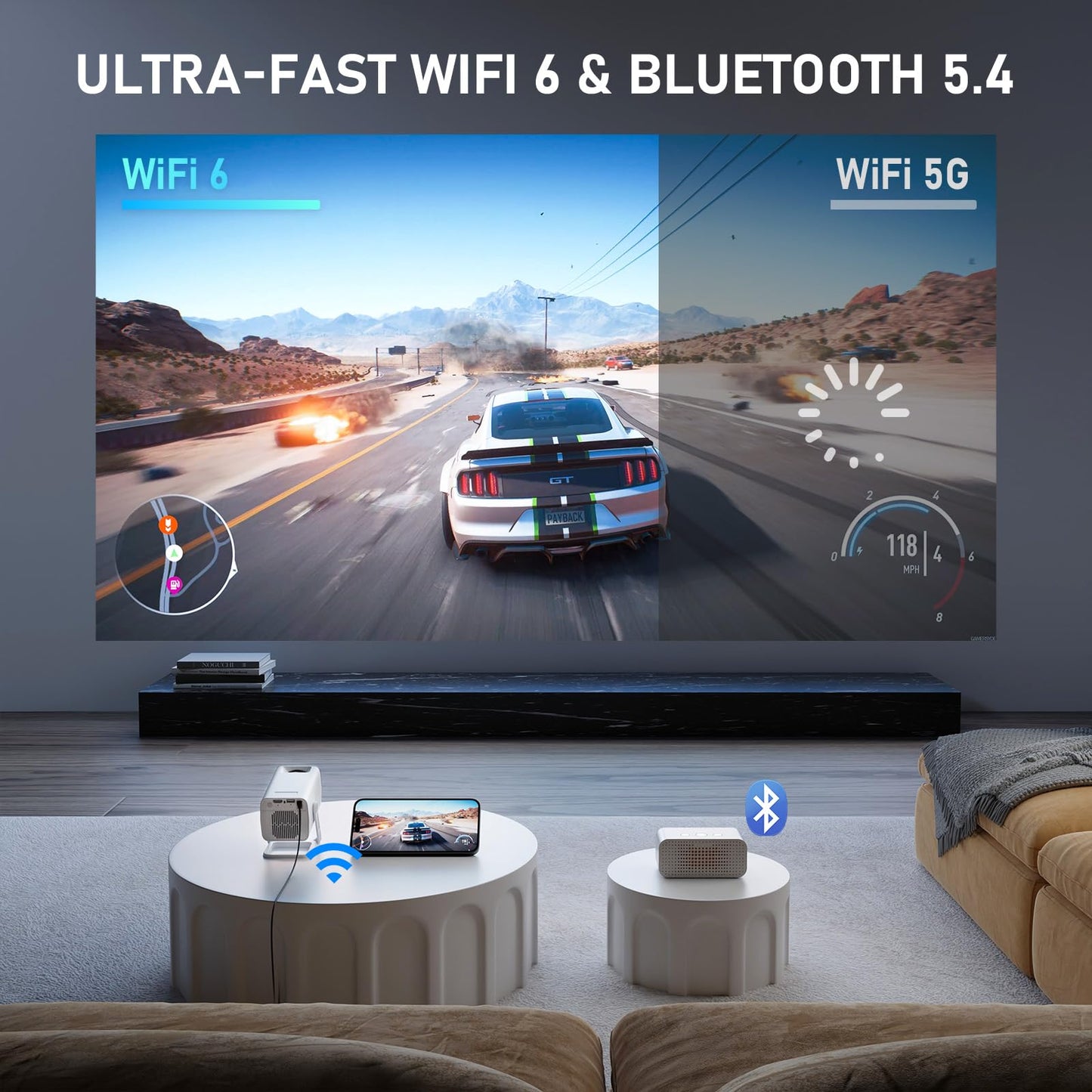 【Ivory Projector & Built-in Apps】 XuanPad Mini Projector with Wi-Fi and Bluetooth, Full HD 1080P Smart Portable Projector with 210° Stand, Auto Vertical Keystone, Compatible with HDMI/USB/TV Stick