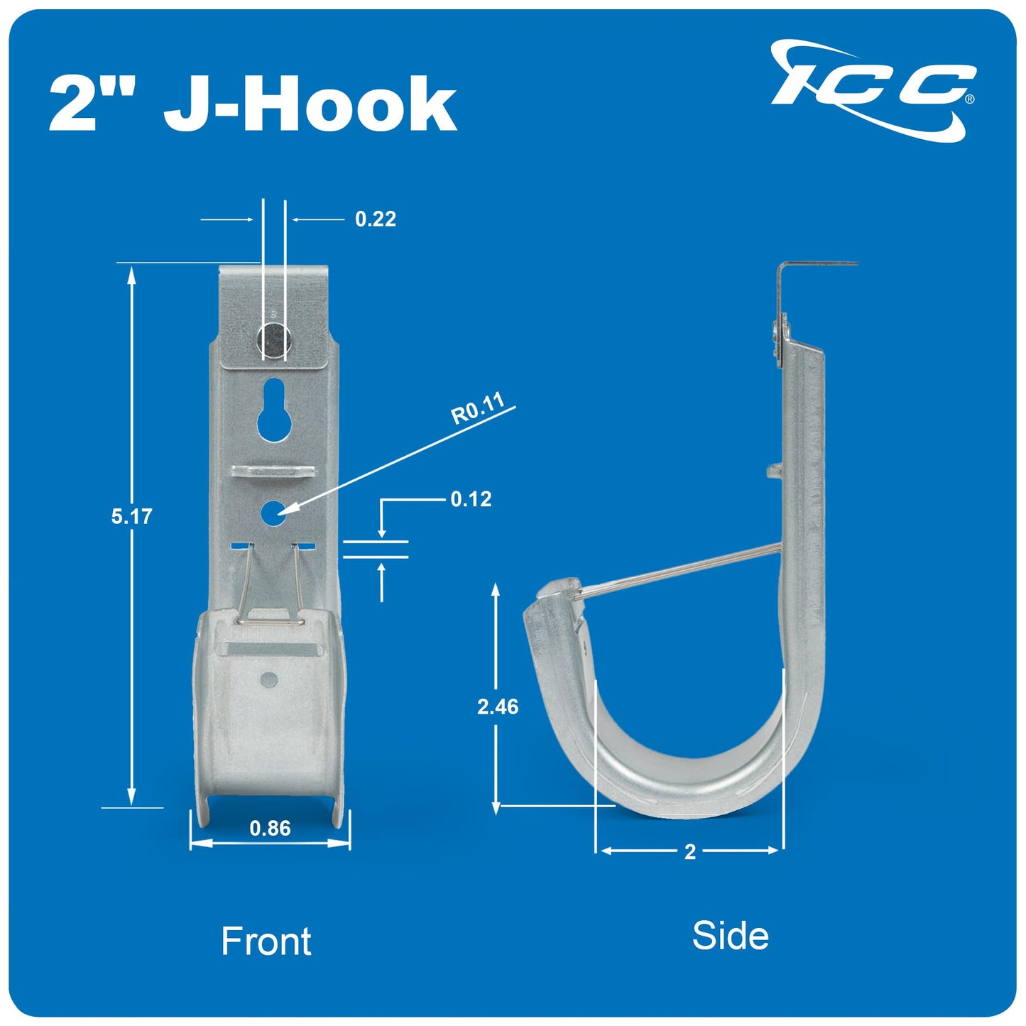 ICC Ceiling Mount J Hook 2” with Retainer Clip - Galvanized Steel Cable Management Hooks for Hanging Cable - Rust-Resistant, EIA and TIA Compliant - 2 Inch 25-Pack