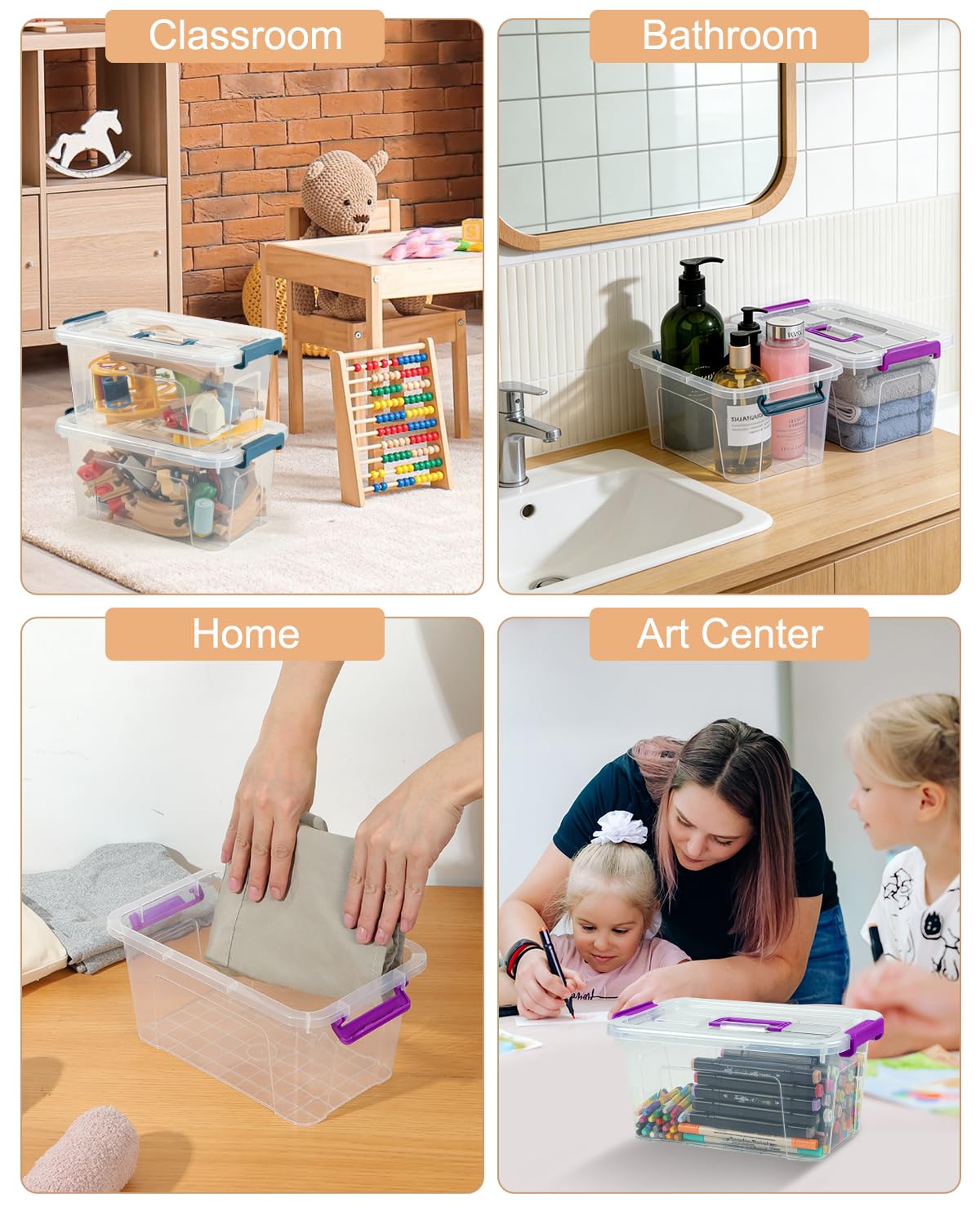 AREYZIN Plastic Storage Bins with Lids 6 Pack,7 Quart Stackable Storage Containers with Buckle Latches, Heavy Duty Clear Organizer Bins for Home Office Supplies, Craft & Toy Storage, BPA-Free,Purple