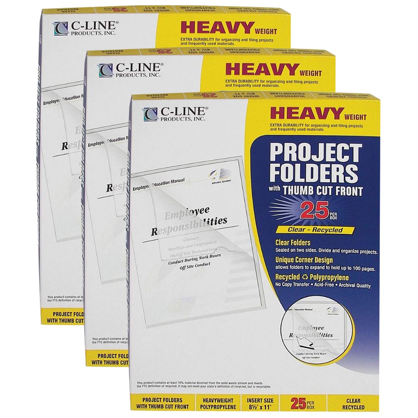 C-Line Recycled Poly Project Folders, Clear, Reduced Glare, 11" x 8-1/2", 25 Per Box, 3 Boxes, CLI62127-3