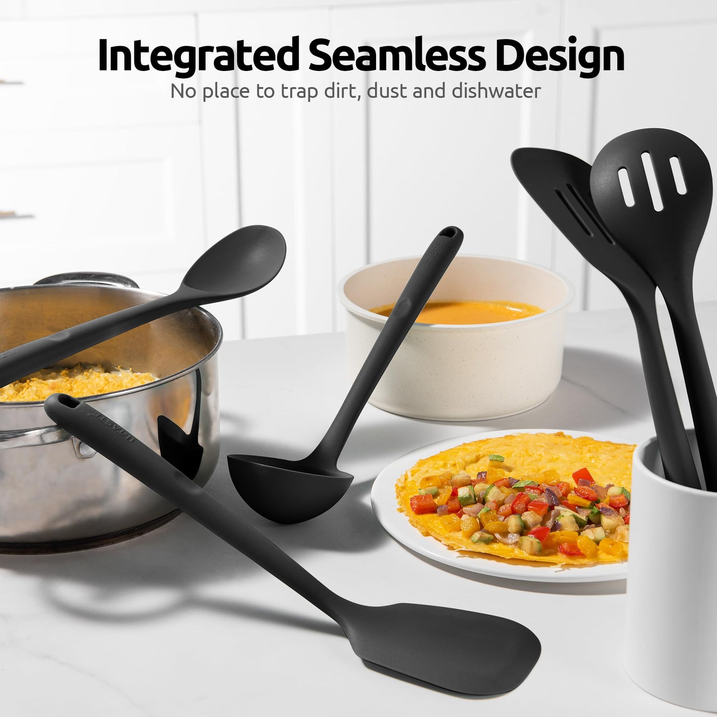 Silicone Kitchen Cooking Utensil Set: U-Taste High Heat Resistant 13.6in Long Kitchen Gadgets, BPA Free Non Stick Rubber Cook Accessories For Stir Frying, Serving, Basting, Mixing (5 Pieces, Black)