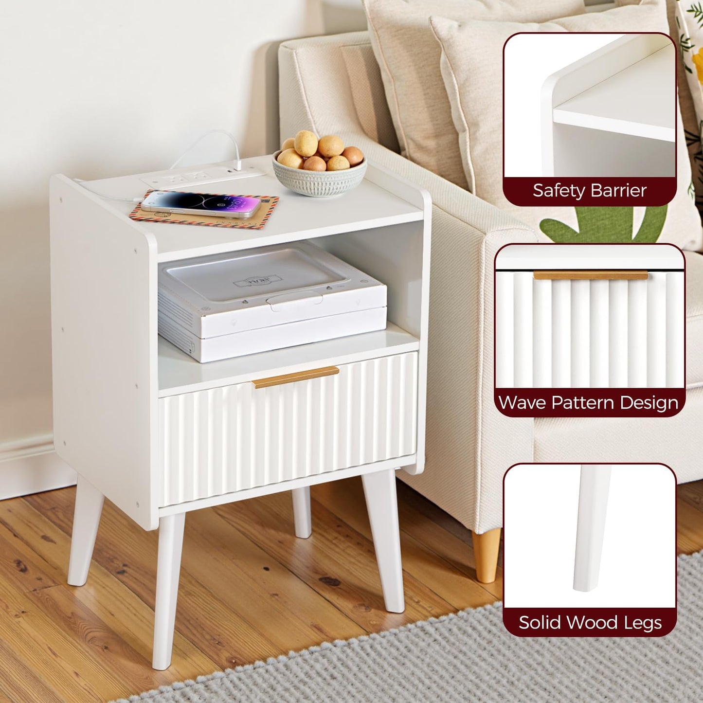 MAHANCRIS White Nightstand with Charging Station, Modern Bedside Table with Drawer and Storage Shelf, End Side Table with Solid Wood Legs, Night Stand, Living Room, Bedroom, Small Space, ETWT61E01N1
