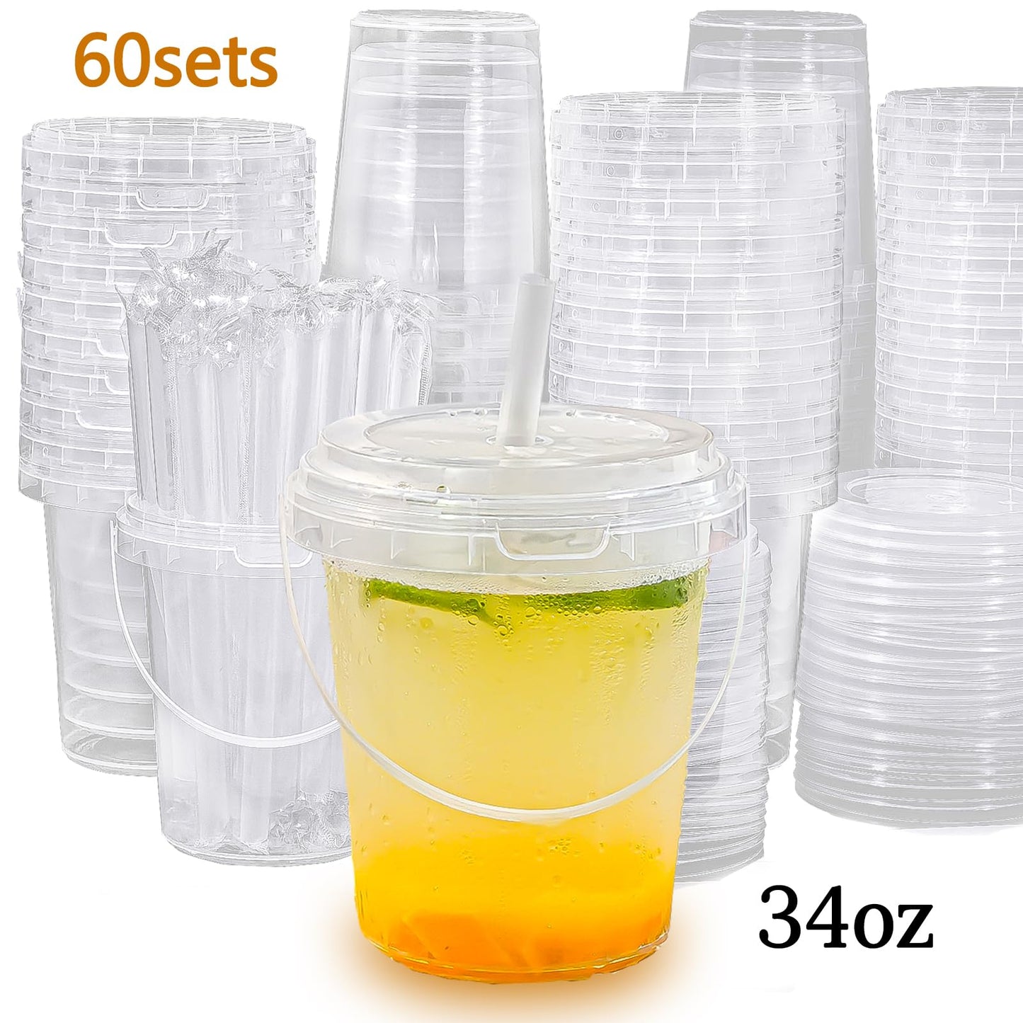 Qsqwsuye Set of 60 Large Plastic Cups with Lids and Straws 34oz Disposable Coffee Cups Clear Cups for Drinks Packs and Takebacks