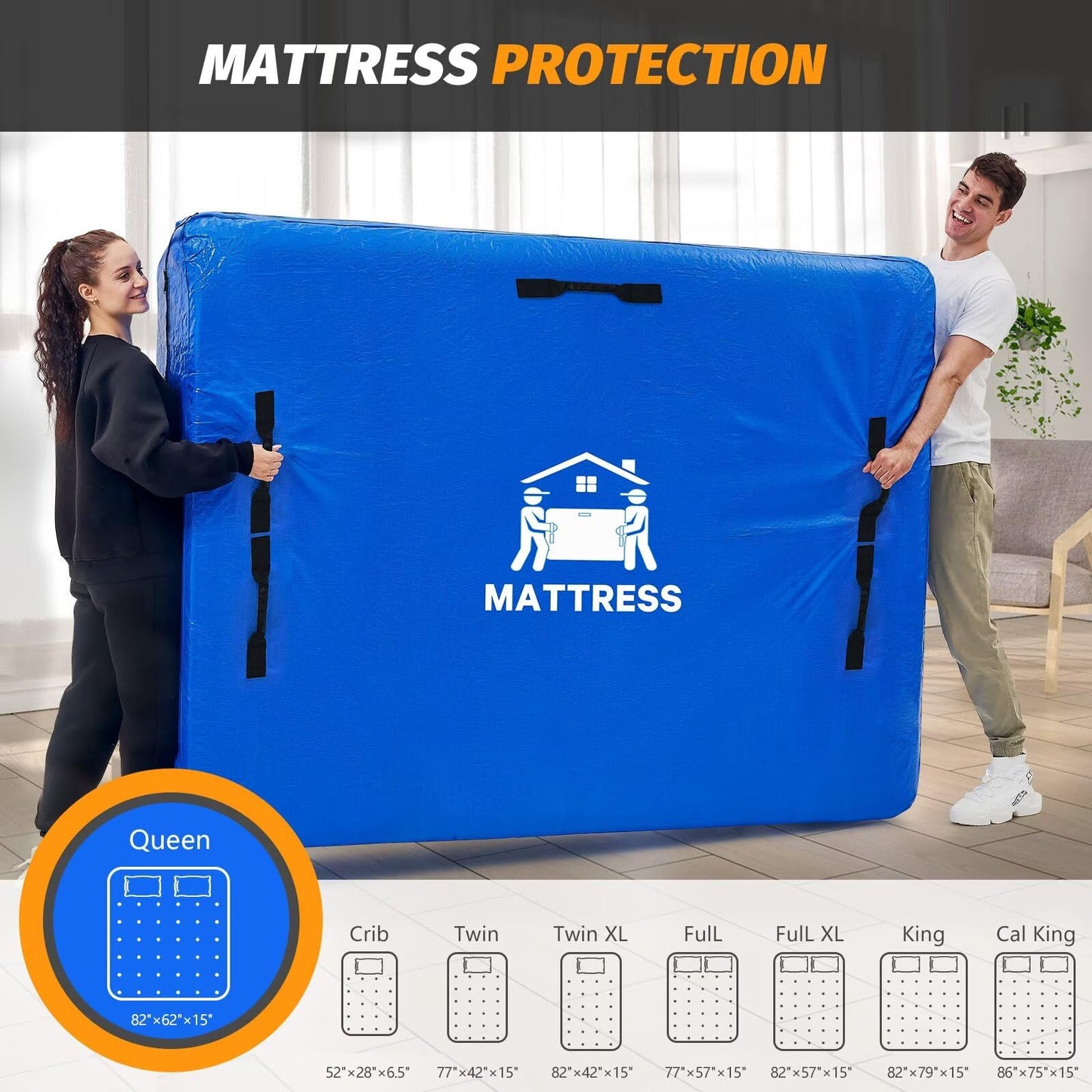 Mattress Bags for Moving, BETU Mattress Protector Waterproof Mattress Cover Queen Size Storage Bags with 8 Heavy-Duty Handles and Zipper for Bed Extra Thick Large Reusable(2 Pack, 82"x62"x15" Blue)