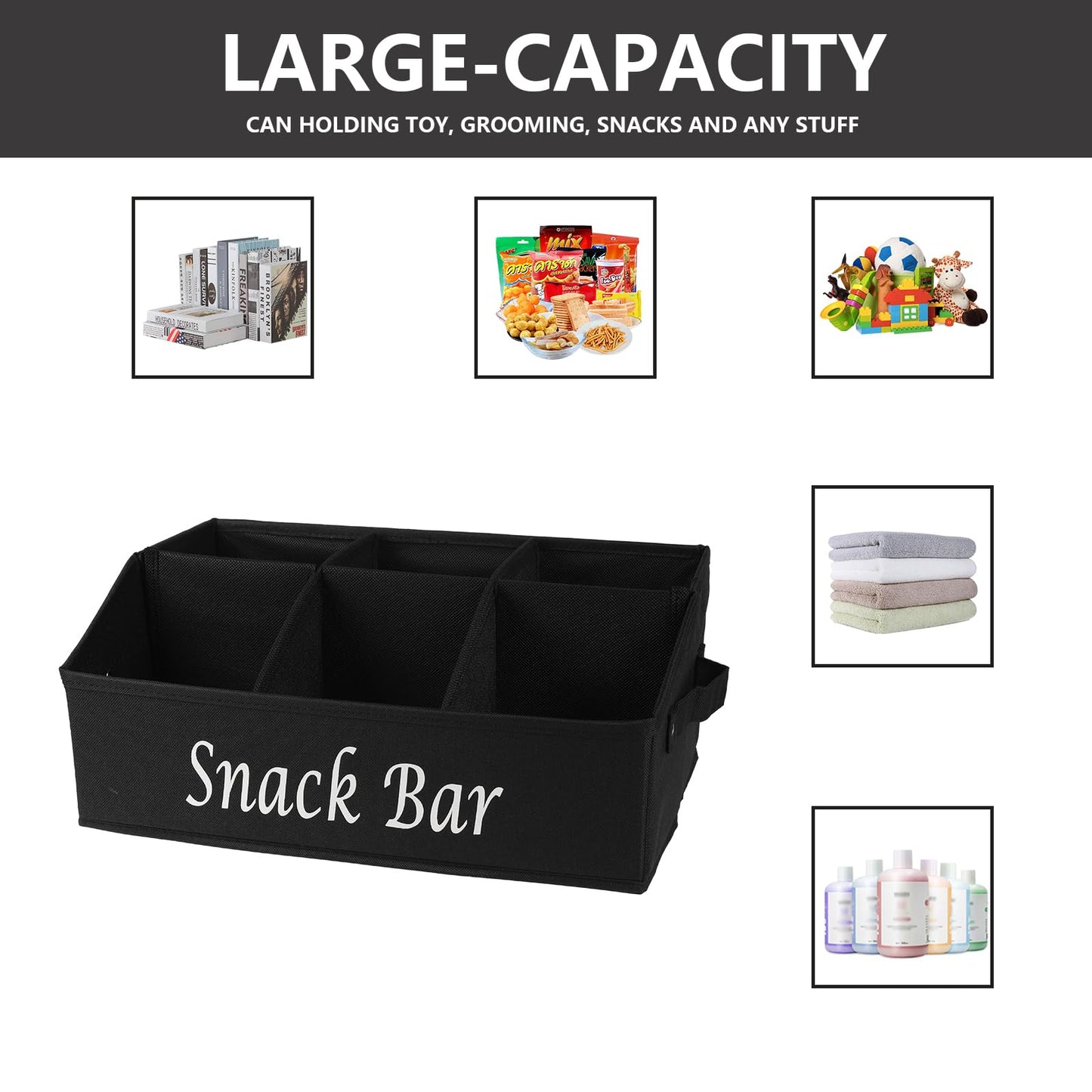 Xbopetda Snack Organizer for Countertop, Fabric Snack Bar Station with Handles, 6 Compartment Container, Black 【Patent Pending】
