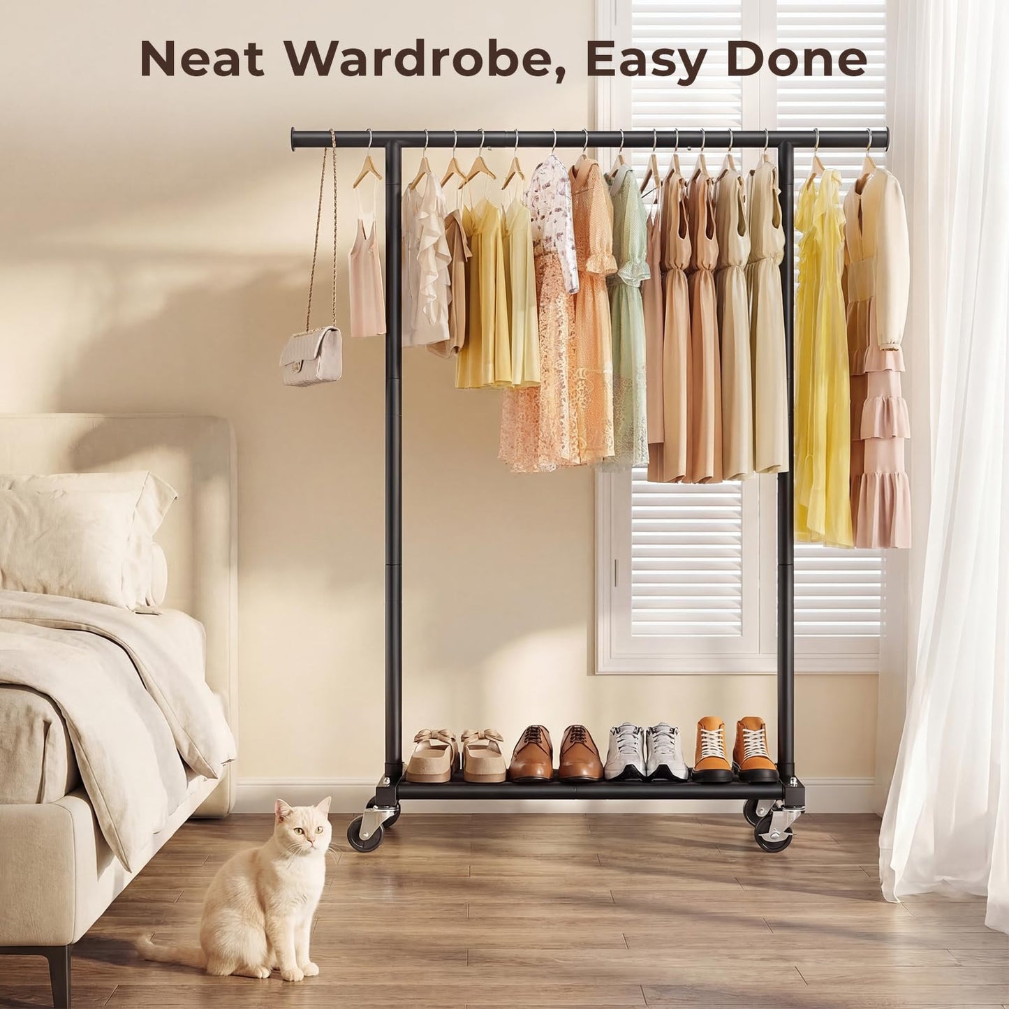 JIEJIERUI Clothing Rack for Hanging Clothes, 45" Wide Rolling Clothes Rack, Metal Garment Hanger Rack with Wheels, Portable Coat Rack Wardrobe Rack for Bedroom Laundry, Black