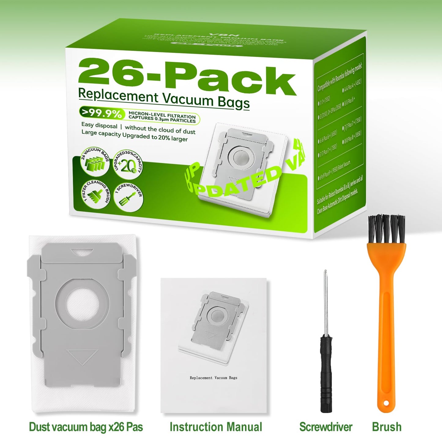 VBN 26 Pack Vacuum Bags for iRobot Roomba i s j 100 400 500 Series All Clean Base, Fit i3+ i4+ i5+ i6+ i7+ i8+ j7+ j8+ j9+ s9+ 104 105 405 504 505 507 Vac Combo, 705 Max Combo10, Dirt Disposal Bags