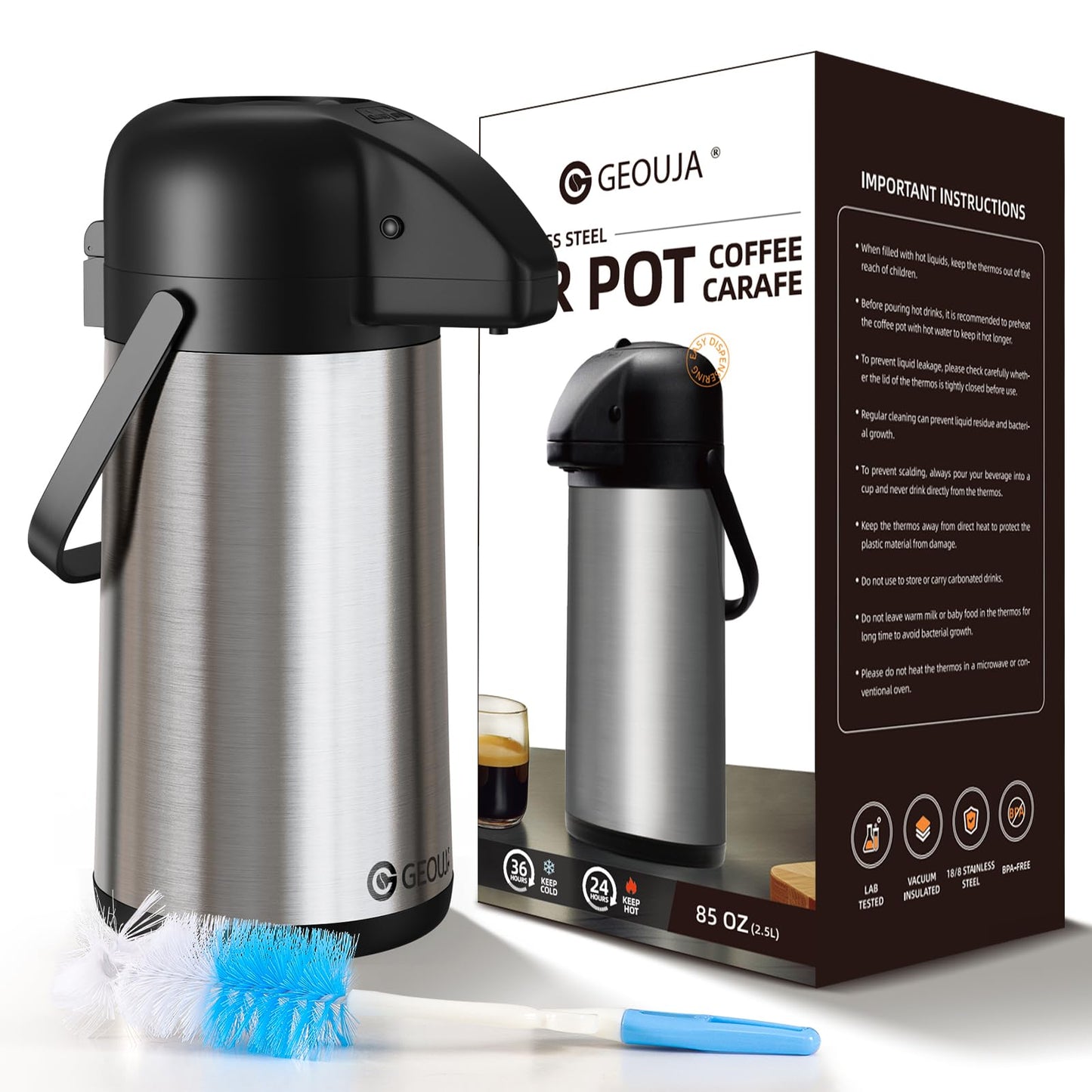 Airpot Coffee Carafe for Keeping Hot - 85 OZ / 2.5L Large Coffee Dispenser with Pump - Insulated Stainless Steel Thermos Urn for Hot Drinks Water Tea Chocolate - Thermal Beverage Dispenser for Parties