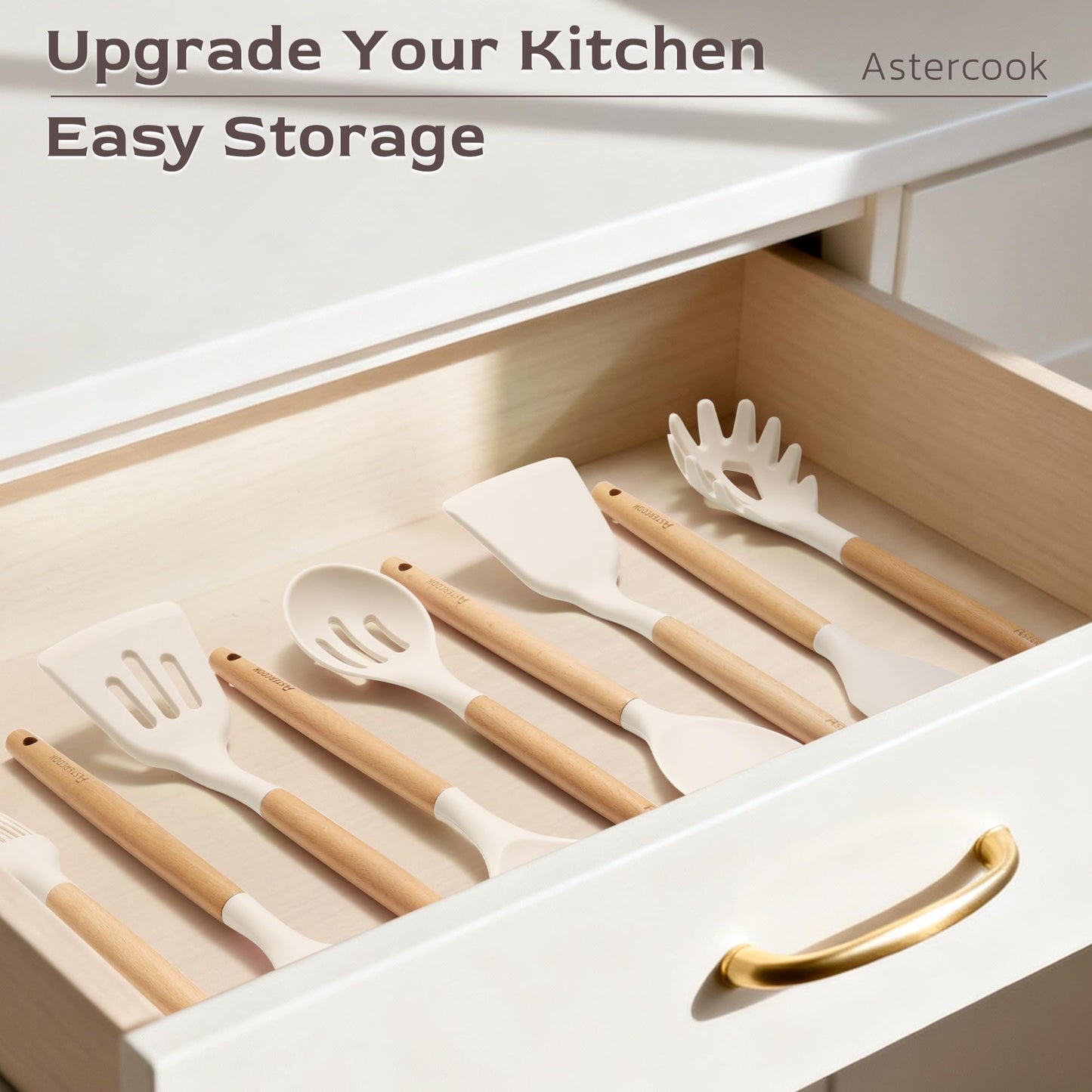 Astercook Kitchen Utensils set, 39 PCS Silicone Cooking Utensils Set with Wooden Handle, 446°F Heat Resistant Food Grade Utensil Sets, BPA Free Kitchen Gadgets Tools Set for Nonstick Cookware (Cream)
