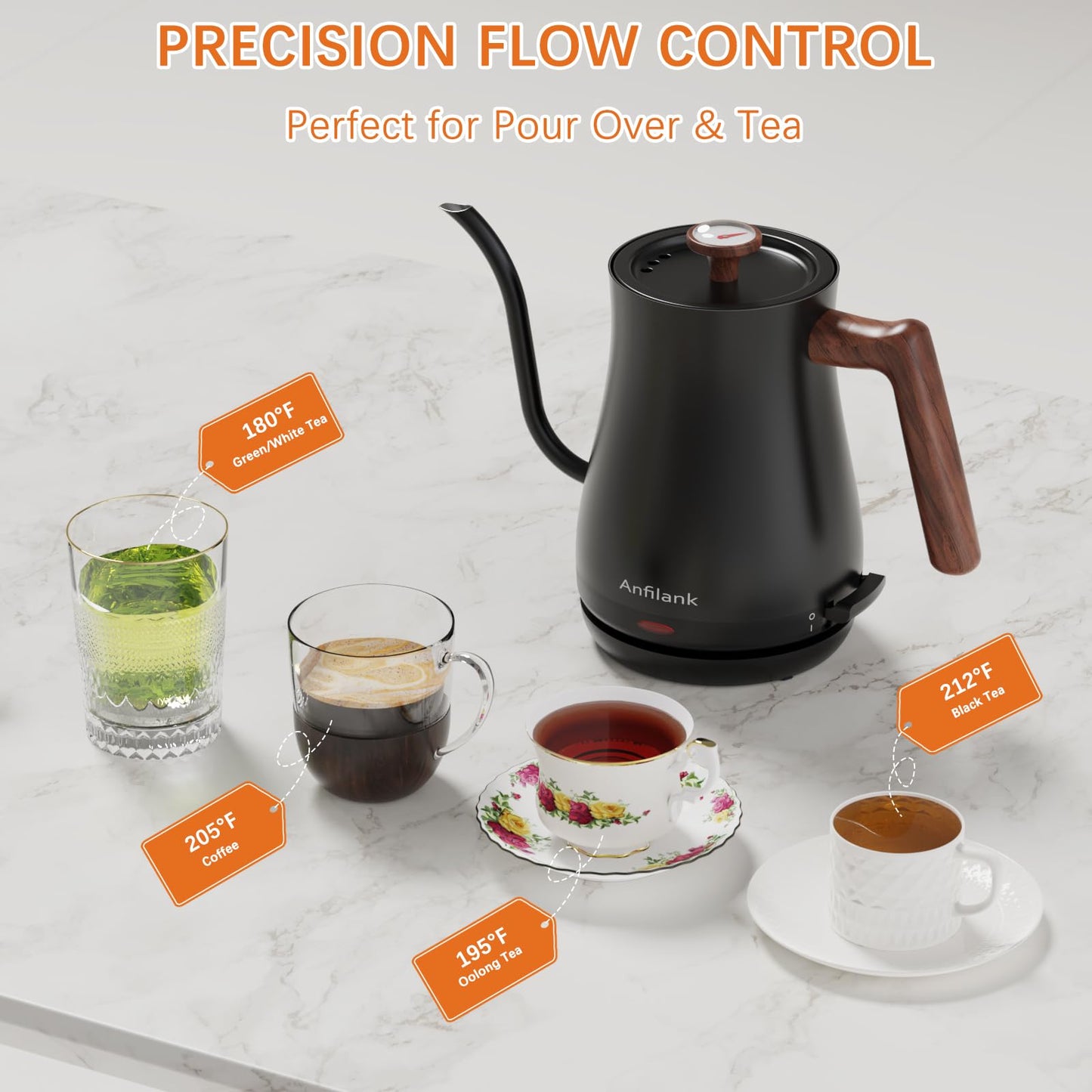 Anfilank Gooseneck Electric Kettle with Thermometer, 0.8L Small Electric Tea Kettle, 1200W Fast Heat, Precision Pour for Coffee & Tea, Auto Shut Off & Dry Boil Protection, Stainless Steel