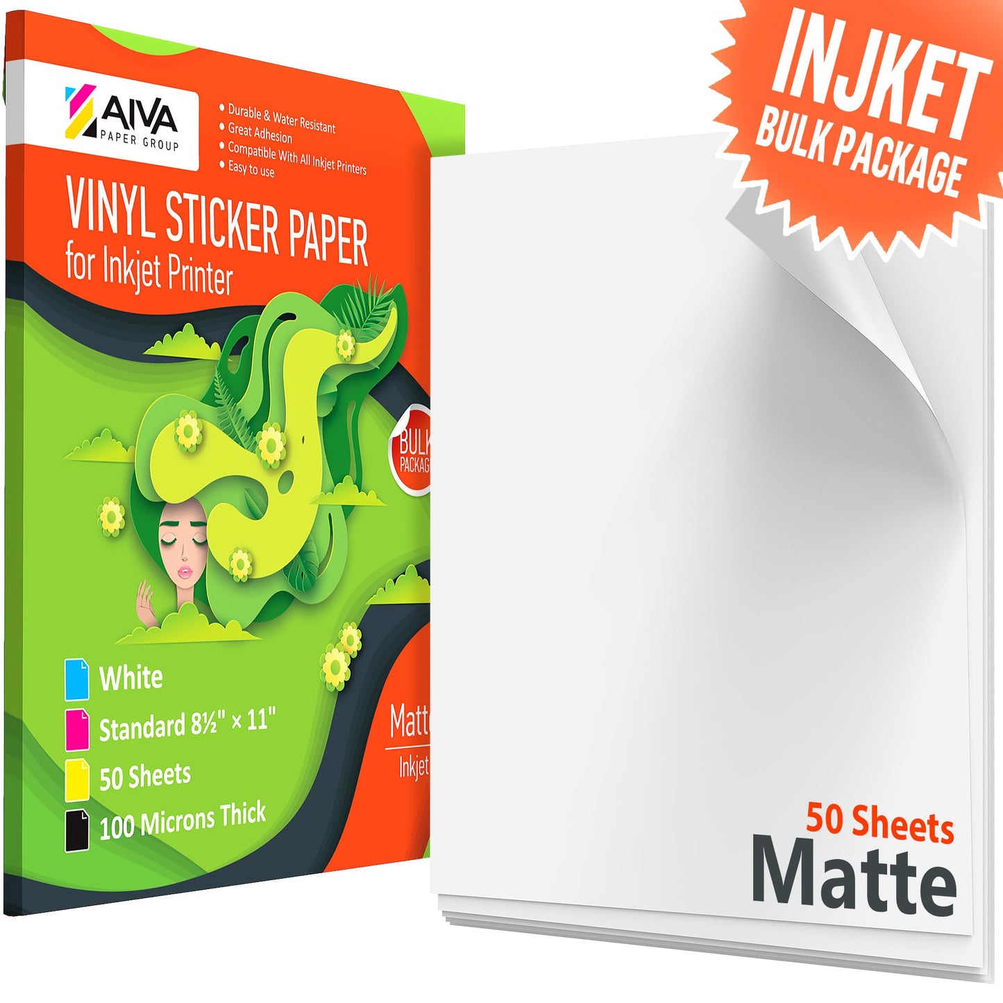 Printable Vinyl Sticker Paper - Waterproof Decal Paper for Inkjet Printer - 50 Self-Adhesive Sheets - Matte White - Standard Letter Size 8.5"x11"
