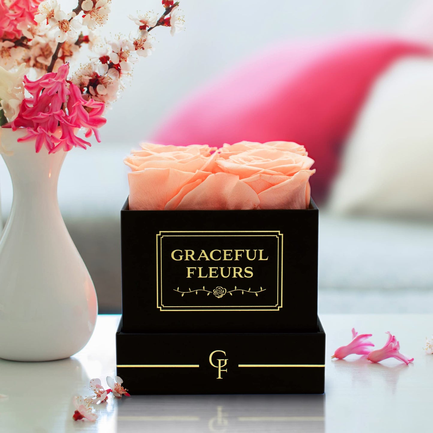 Graceful Fleurs Real Long Lasting Roses in a Box for Years, Preserved Fresh Forever Flowers for Delivery Birthday, Mothers Day Floral Gifts for Women (Light Peach, Black Box, 4 Roses)
