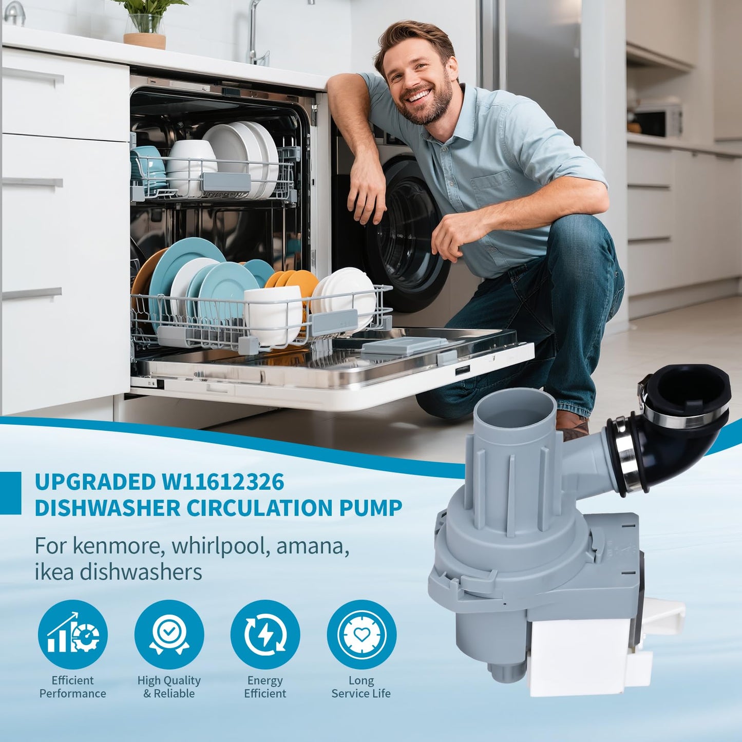 W11612326, W10805386 Dishwasher Circulation Pump Compatible with whirlpool, kenmore, amana: WDF330PAHB4 WDF330PAHS3 WDF330PAHS5 etc. Replace Dishwasher Pump W10879262, W11521435, AP7193729 etc