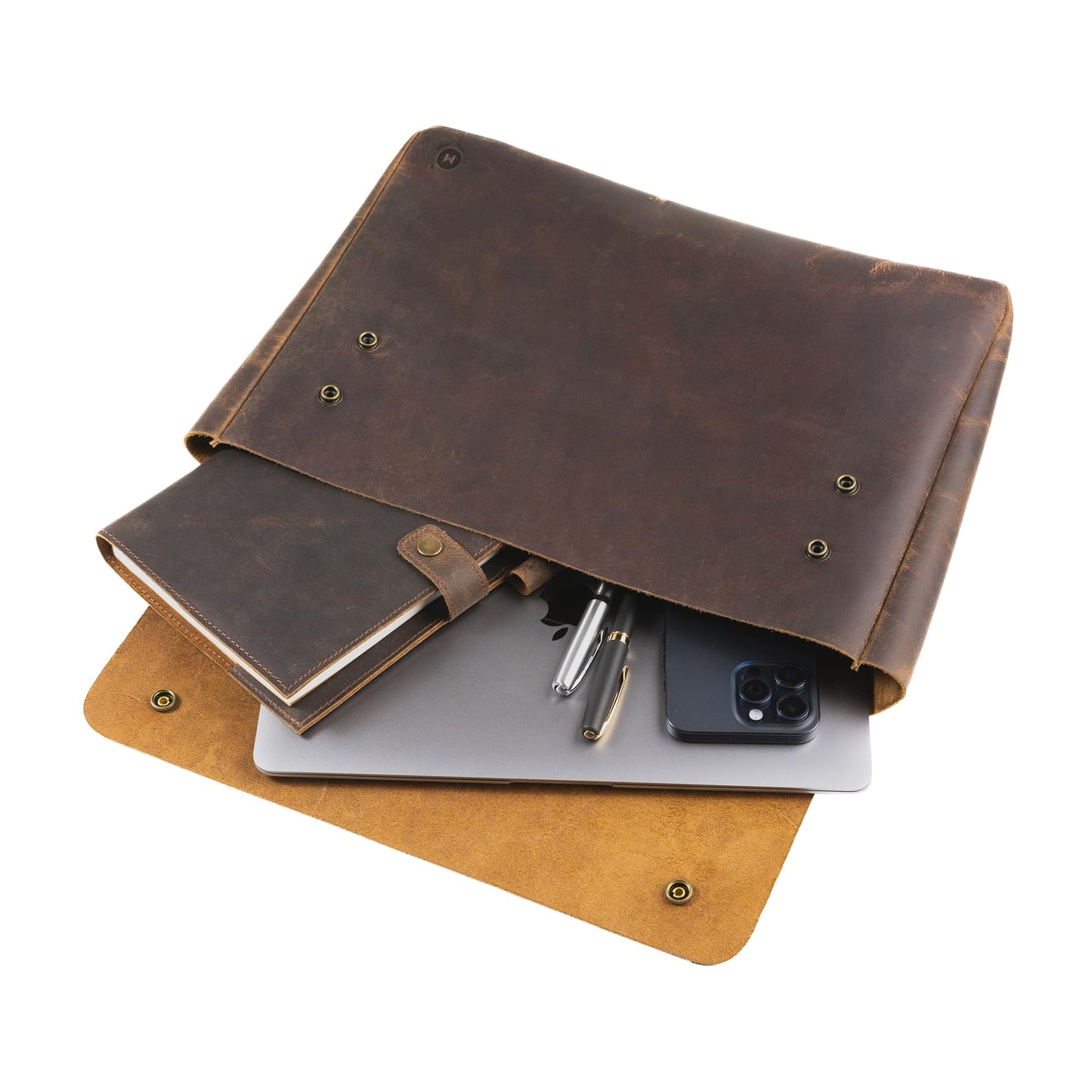Moonster Leather Folder, Full Grain Leather File Folder Organizer Document Holder, Portfolio for Men –Spacious Folio Laptop Sleeve Case - Fits 13" 14" 15” Laptops, MacBook and Tablets