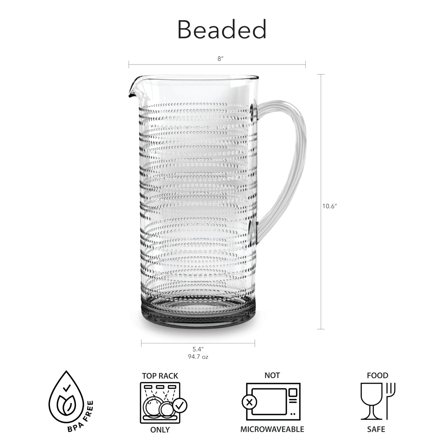Abode Homewares Beaded 95 oz Durable Acrylic Pitcher with Handle, Shatter-Resistant and Dishwasher-Safe Indoor/Outdoor Ice Tea Jug for Juice, Lemonade, Milk, Coffee, Cold or Hot Beverages - Clear