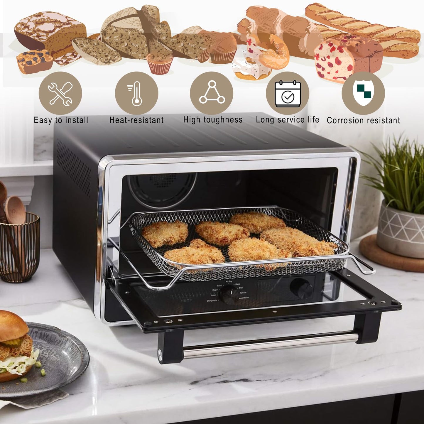 Upgraded KCO124BM KCO124 Air Fryer Basket Replacement Parts for Kitchenaid Oven Basket 304 Stainless Steel 14 x10 Mesh Basket Kitchen Aid Digital Air Fry Countertop Toaster Oven Tray Rack Accessories